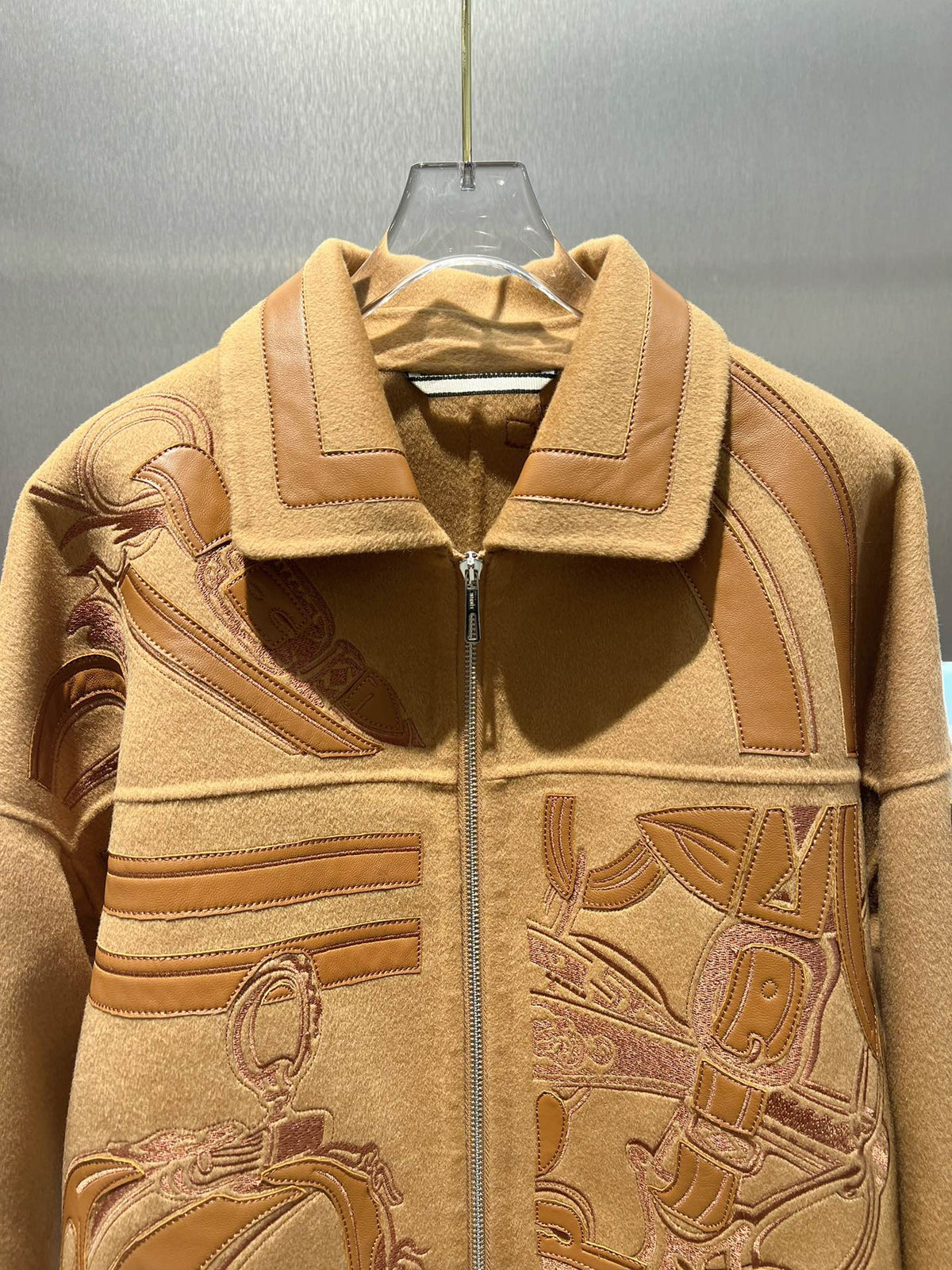 HM Embroidered Short Camel Brown Coat Wool Cashmere Calfskin 349655