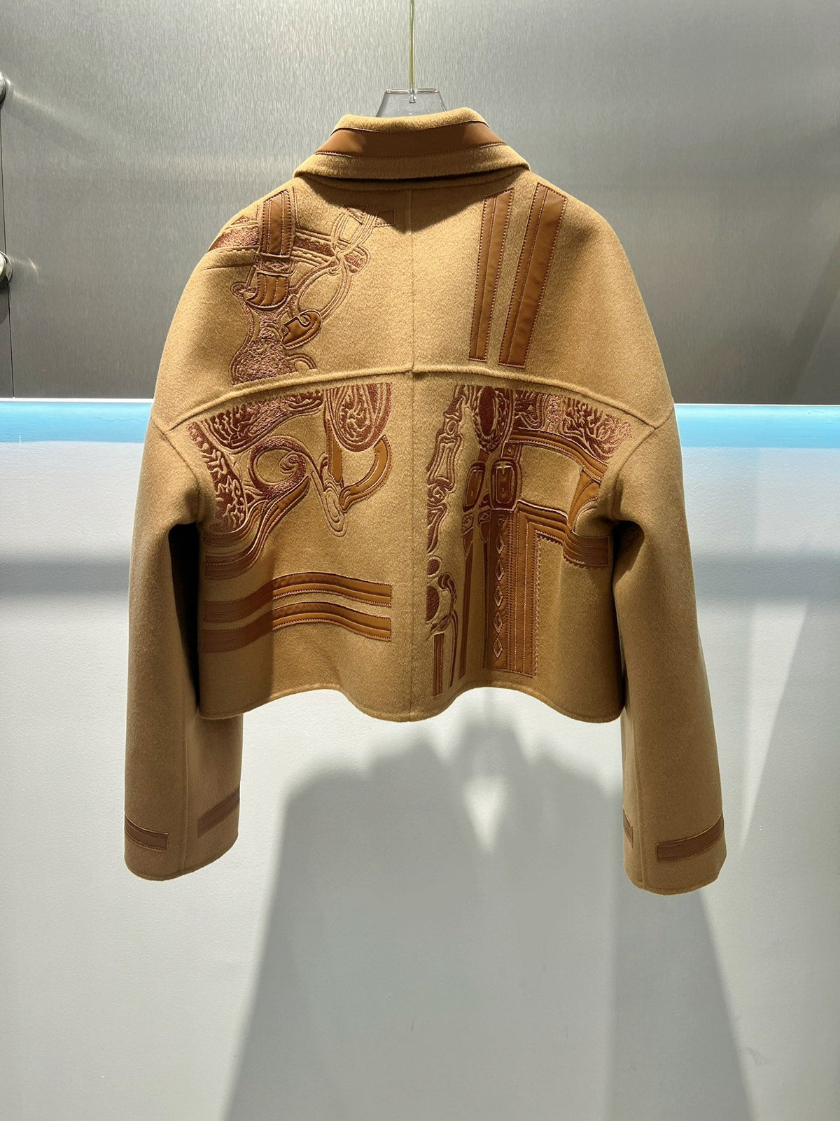 HM Embroidered Short Camel Brown Coat Wool Cashmere Calfskin 349655