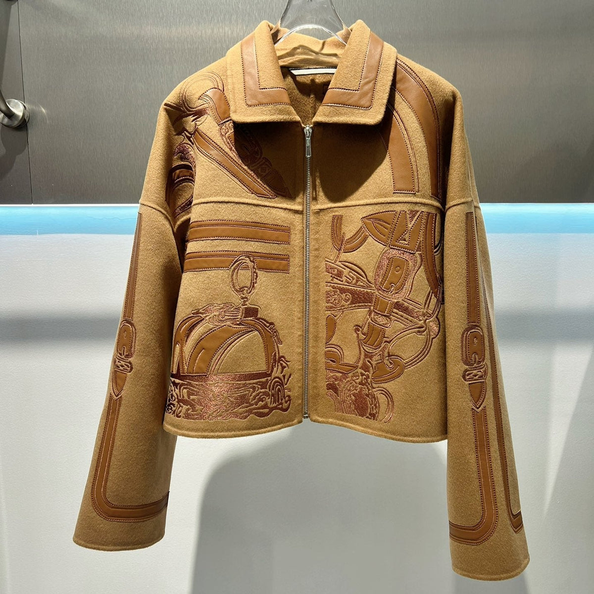 HM Embroidered Short Camel Brown Coat Wool Cashmere Calfskin 349655