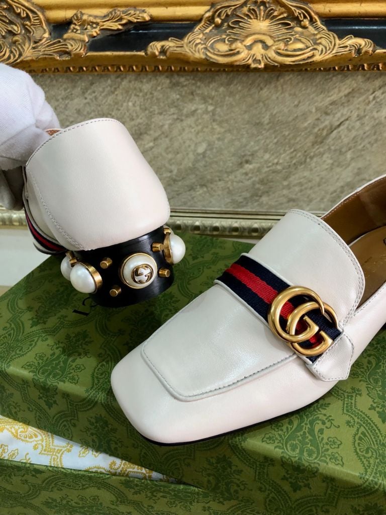 GG Pearl Embellished Block Heel Loafer 40mm White Leather GHW