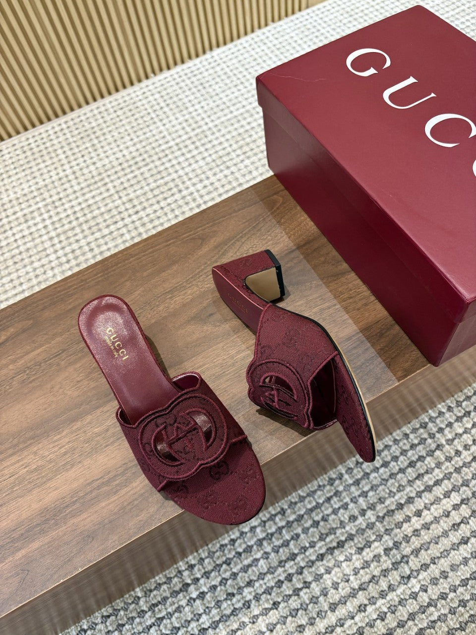 GG Interlocking G Cutout Sandals 5.5cm Burgundy Canvas 646506