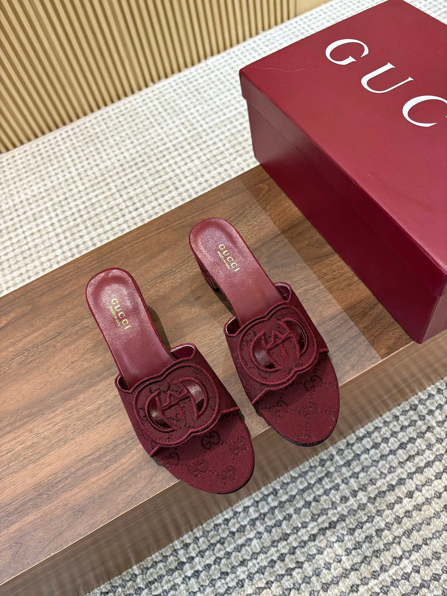 GG Interlocking G Cutout Sandals 5.5cm Burgundy Canvas 646506