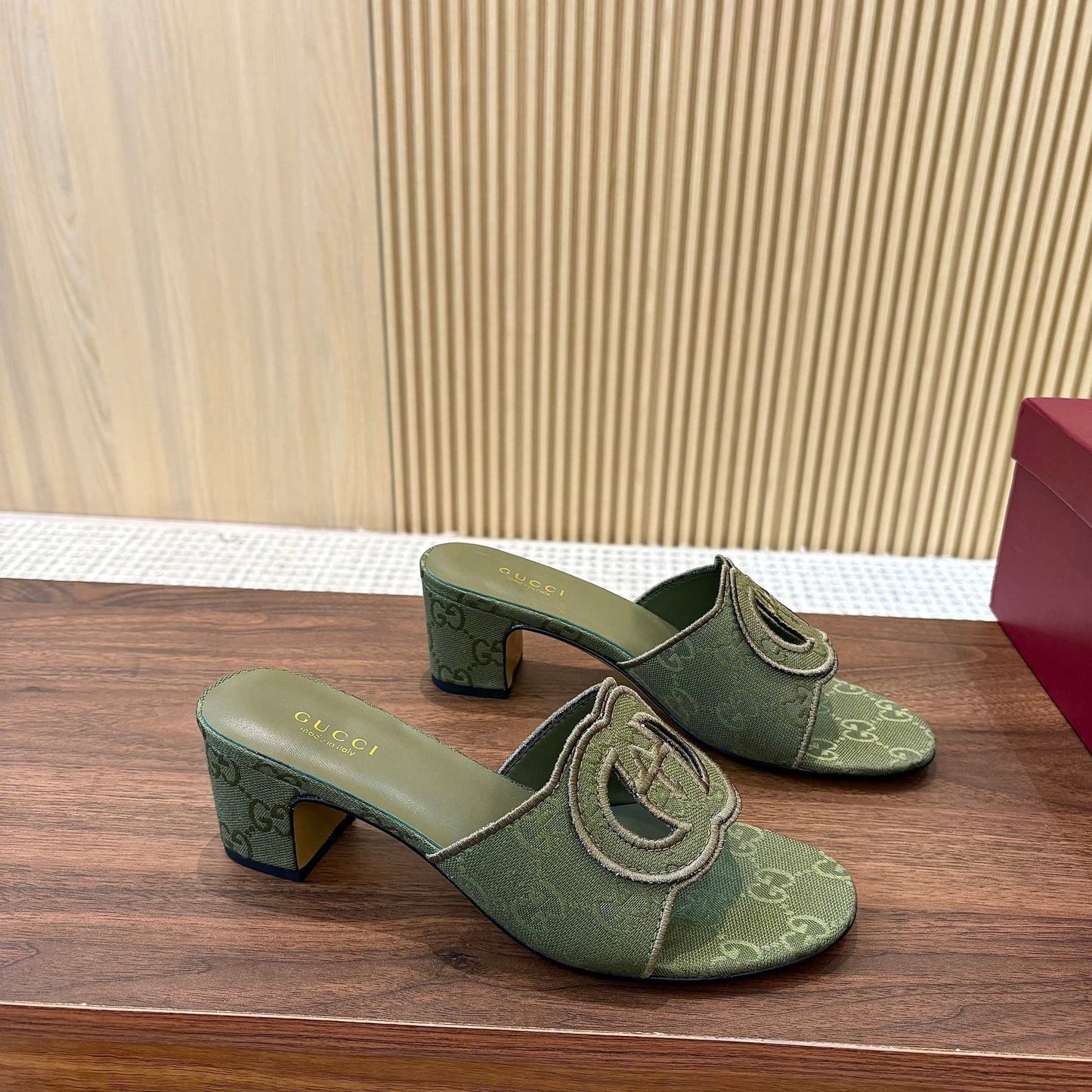 GG Interlocking G Cutout Sandals 5.5cm Olive Green Canvas 646505