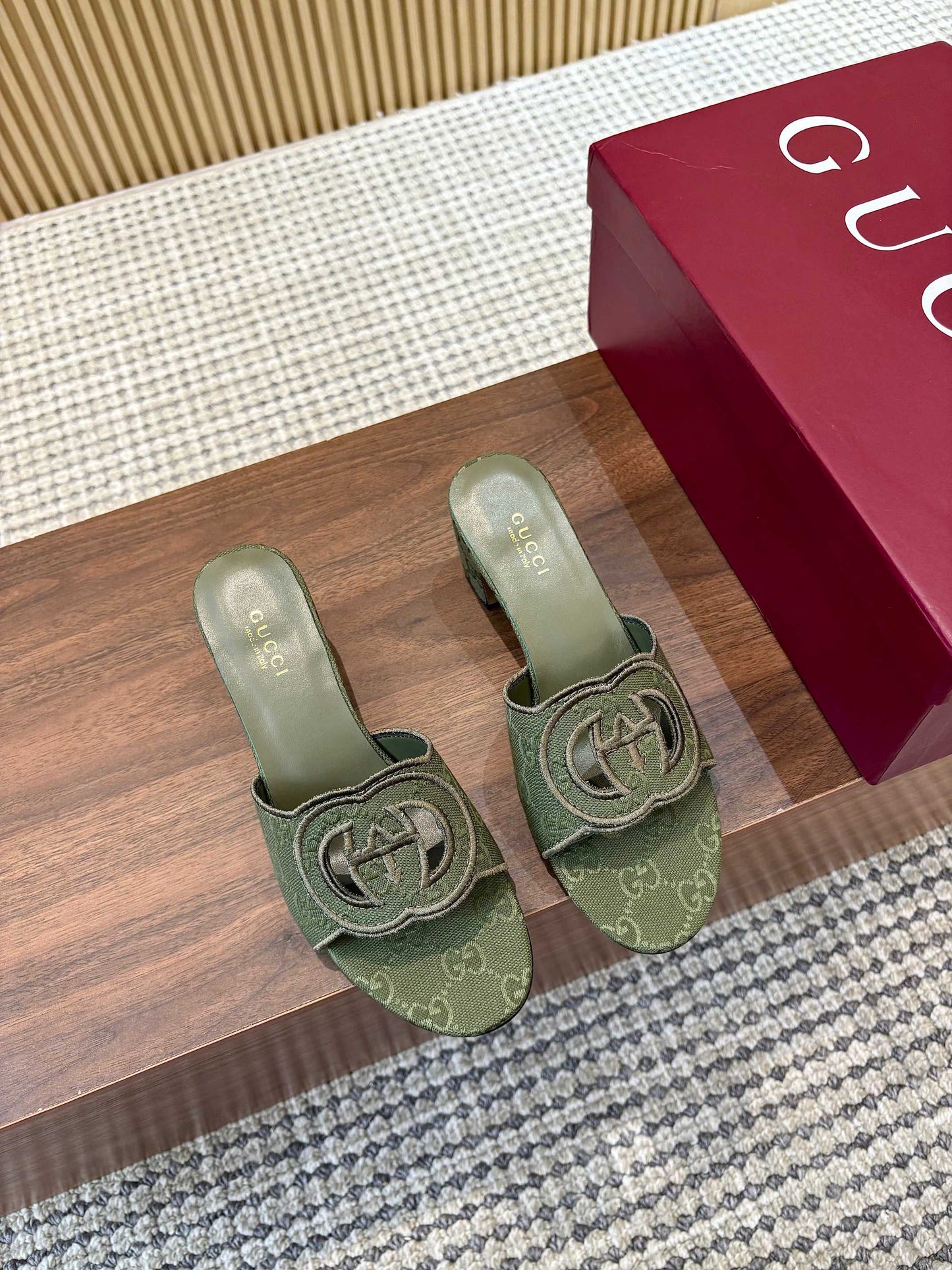 GG Interlocking G Cutout Sandals 5.5cm Olive Green Canvas 646505
