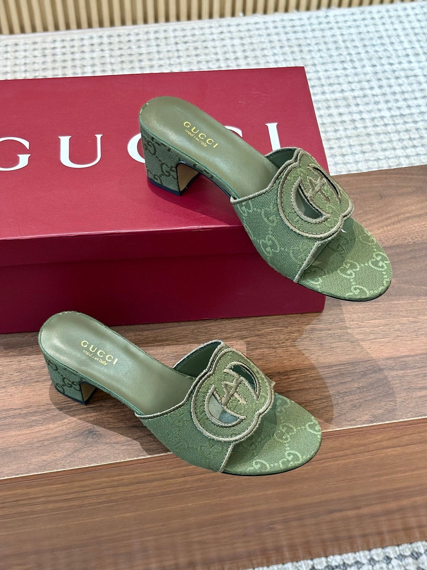 GG Interlocking G Cutout Sandals 5.5cm Olive Green Canvas 646505
