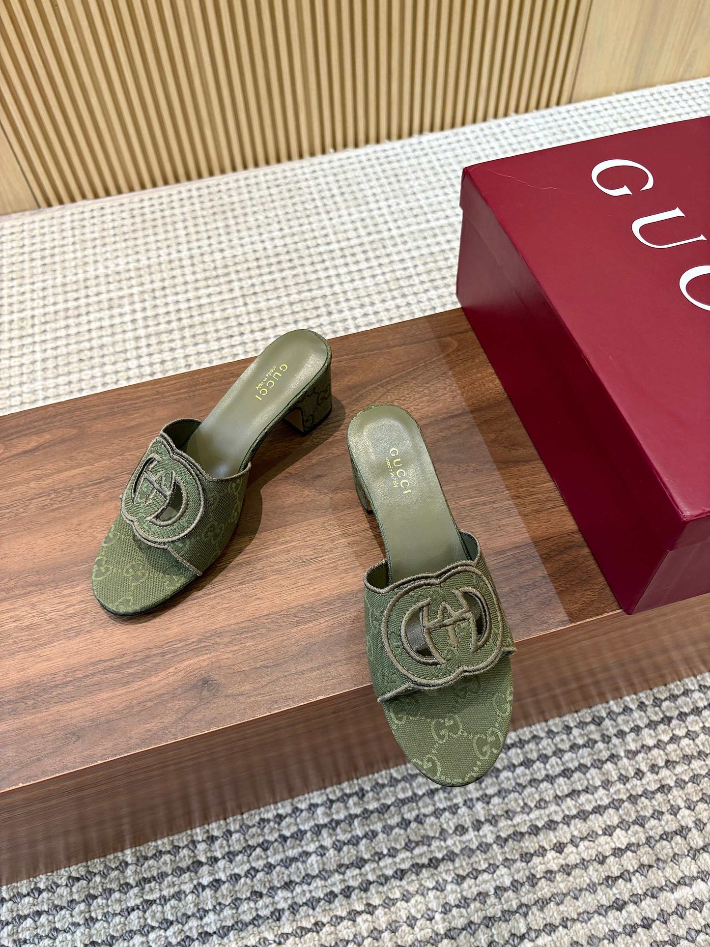 GG Interlocking G Cutout Sandals 5.5cm Olive Green Canvas 646505
