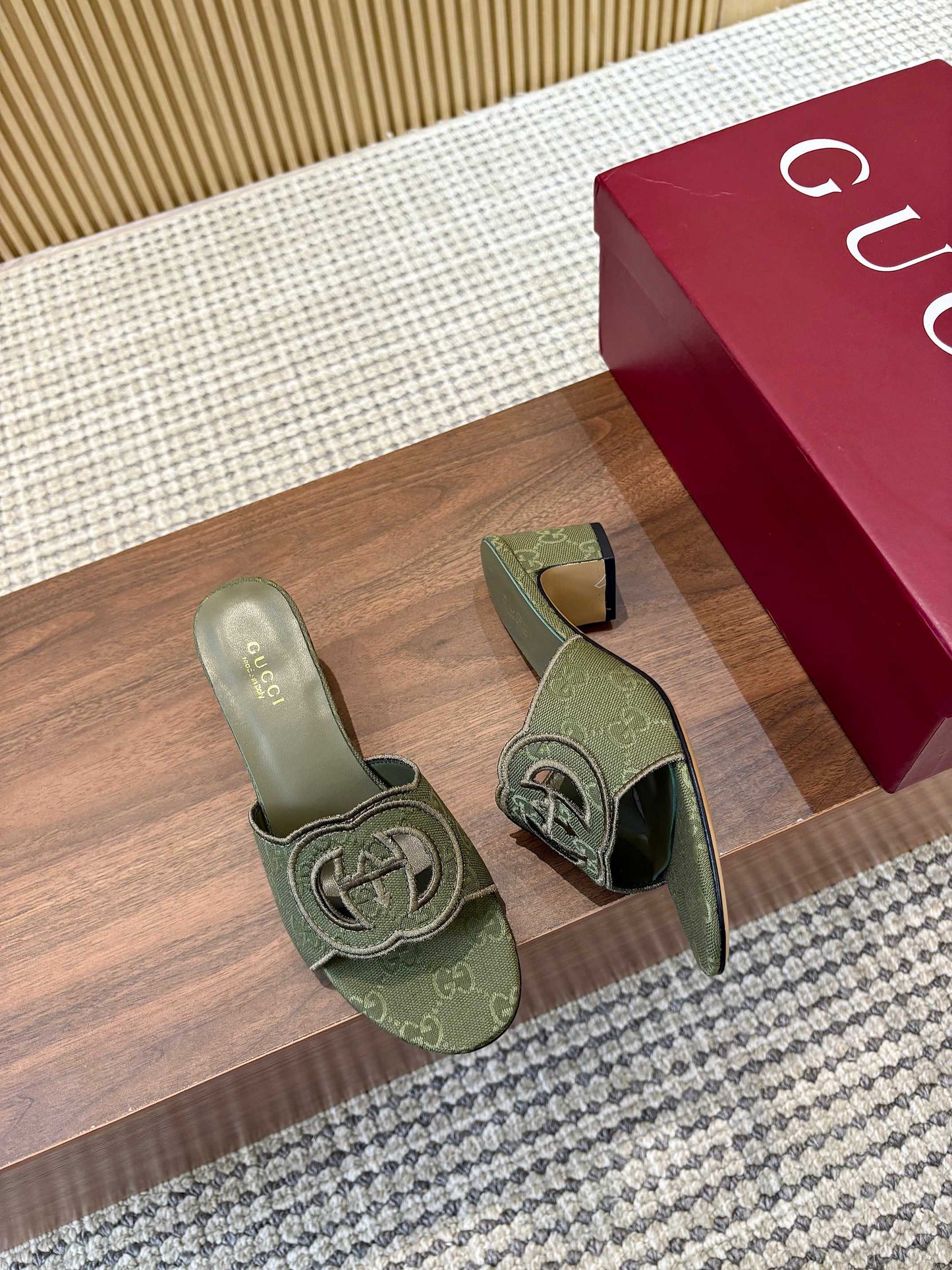 GG Interlocking G Cutout Sandals 5.5cm Olive Green Canvas 646505
