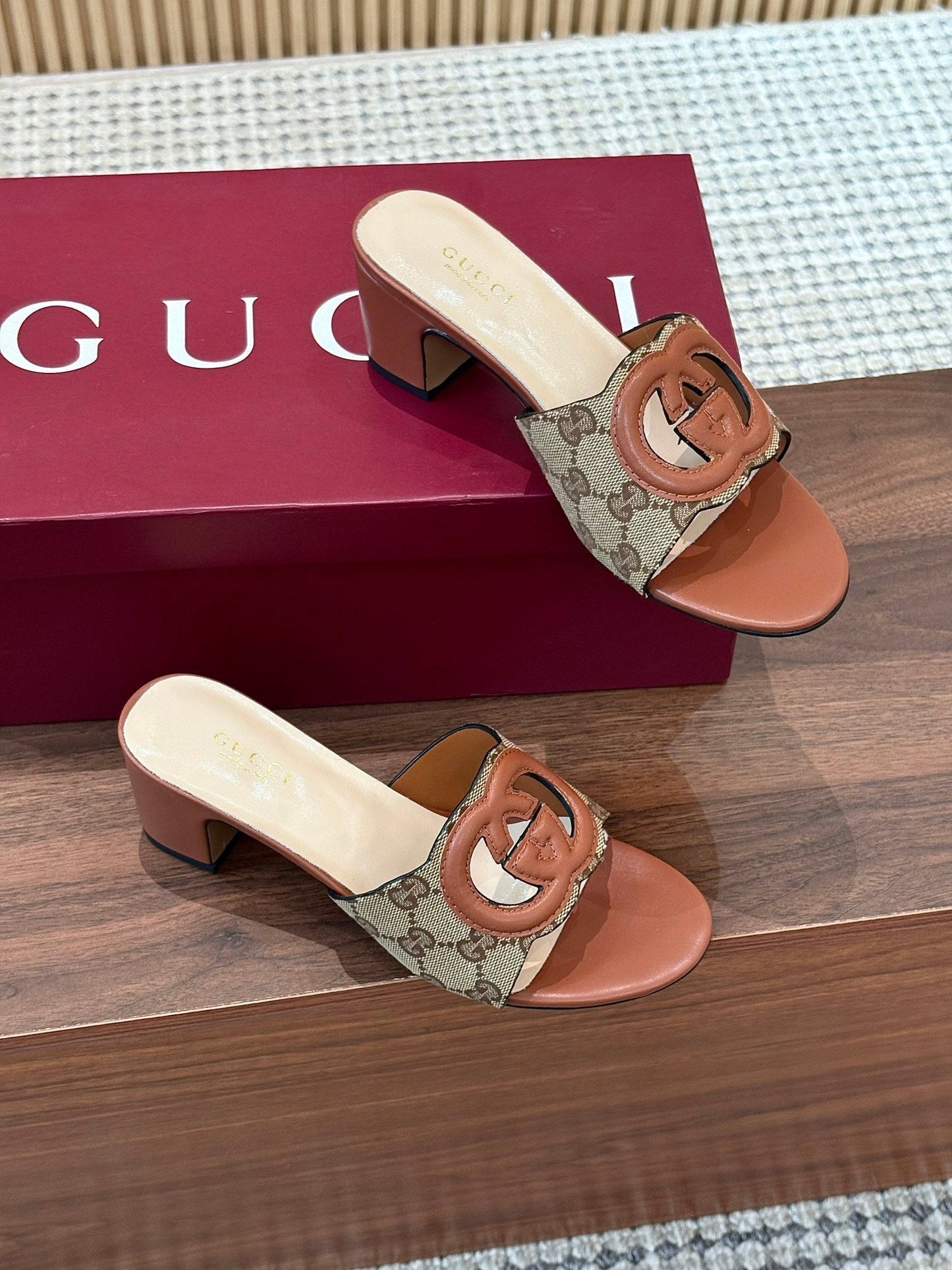 GG Interlocking G Cutout Sandals 5.5cm Brown Beige Sheepskin Canvas 646501