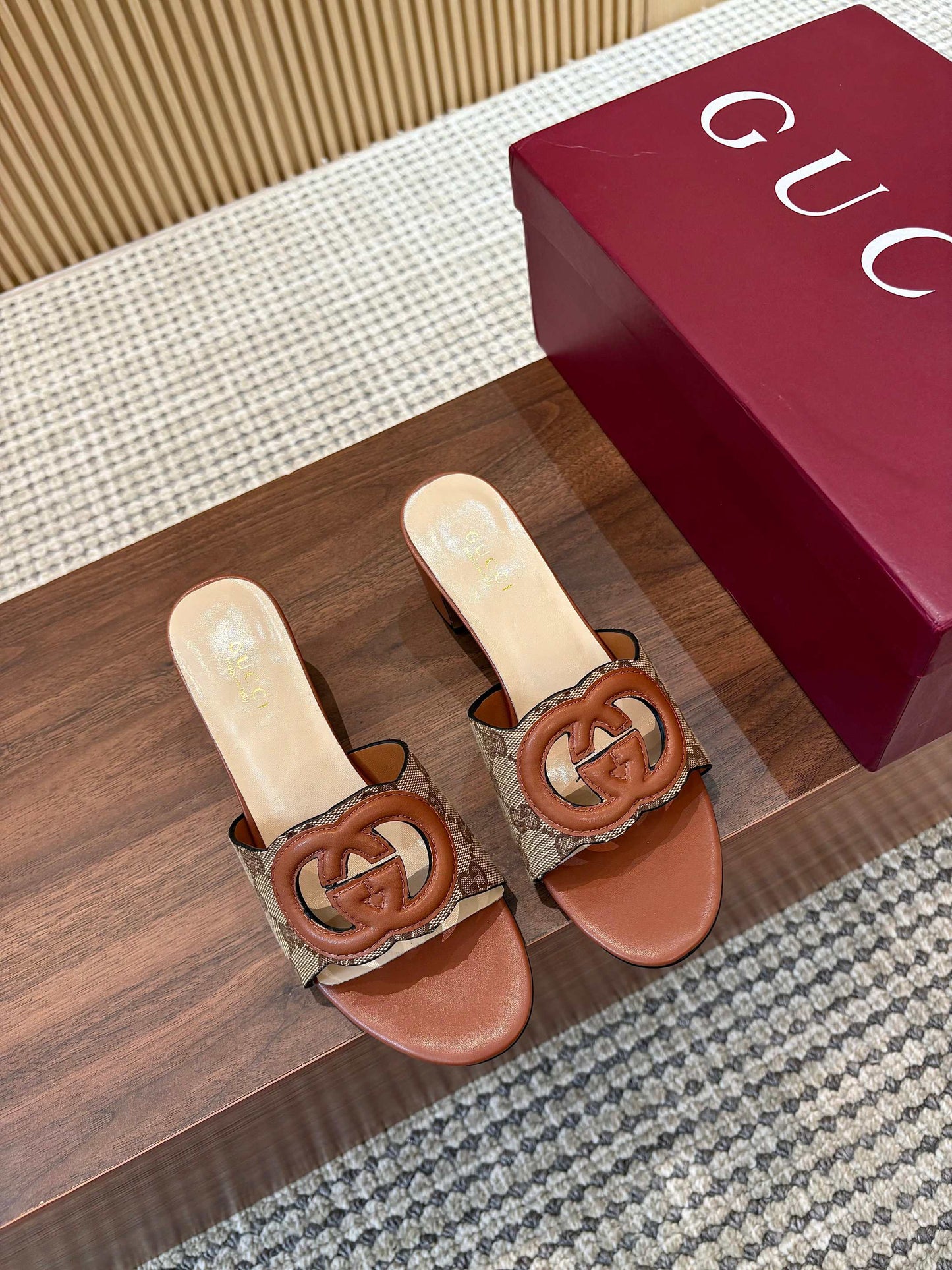 GG Interlocking G Cutout Sandals 5.5cm Brown Beige Sheepskin Canvas 646501