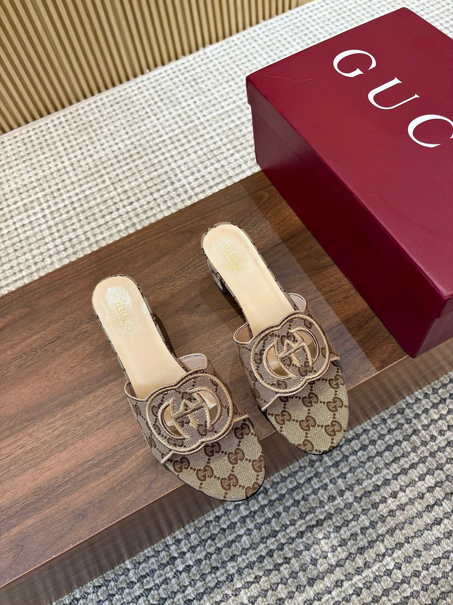 GG Interlocking G Cutout Sandals 5.5cm Khahi Beige Sheepskin Canvas 646500