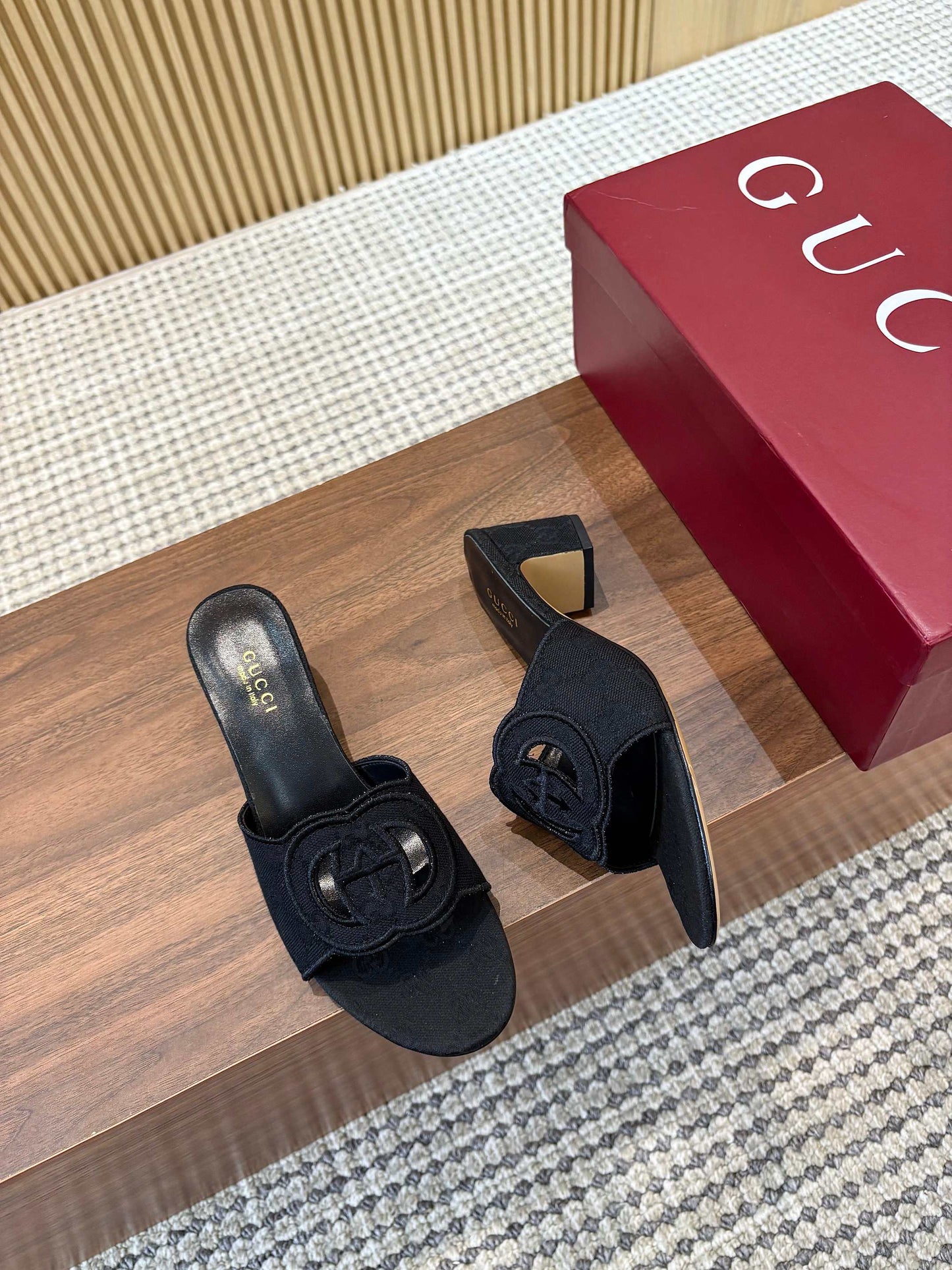 GG Interlocking G Cutout Sandals 5.5cm Black Canvas  646502