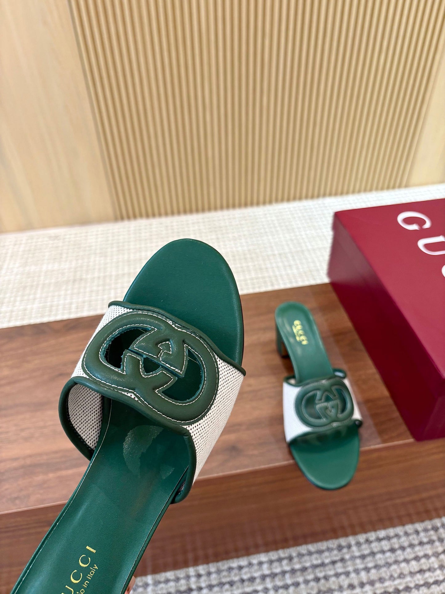 GG Interlocking G Cutout Sandals 5.5cm Teal Green Sheepskin Mesh 646496