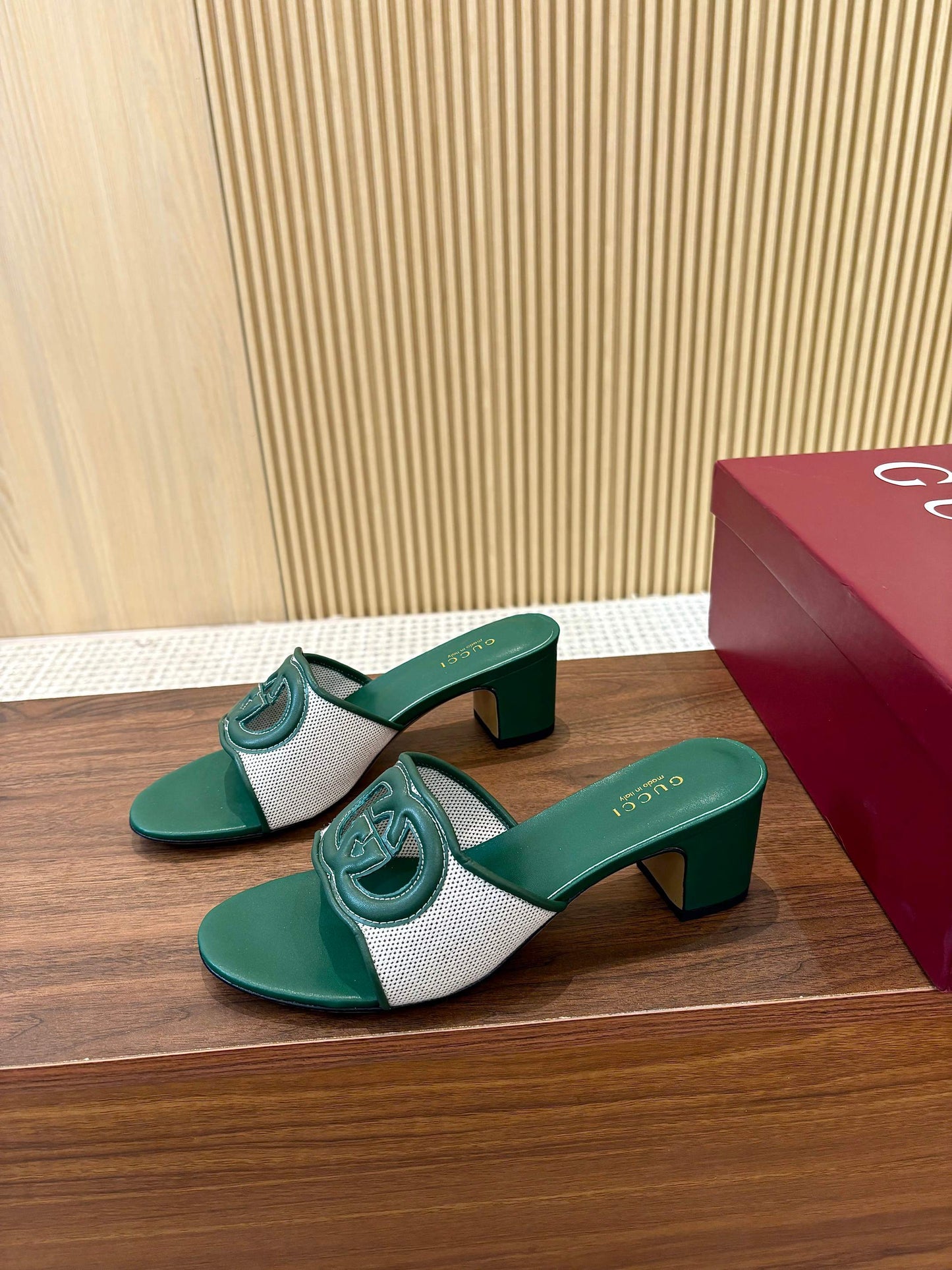 GG Interlocking G Cutout Sandals 5.5cm Teal Green Sheepskin Mesh 646496