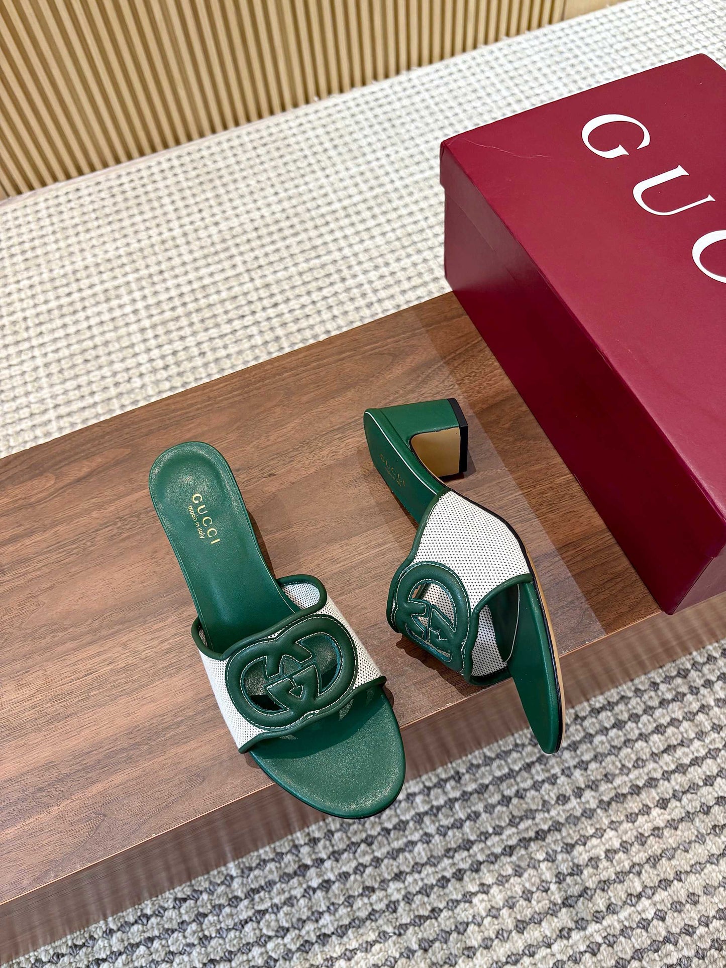 GG Interlocking G Cutout Sandals 5.5cm Teal Green Sheepskin Mesh 646496