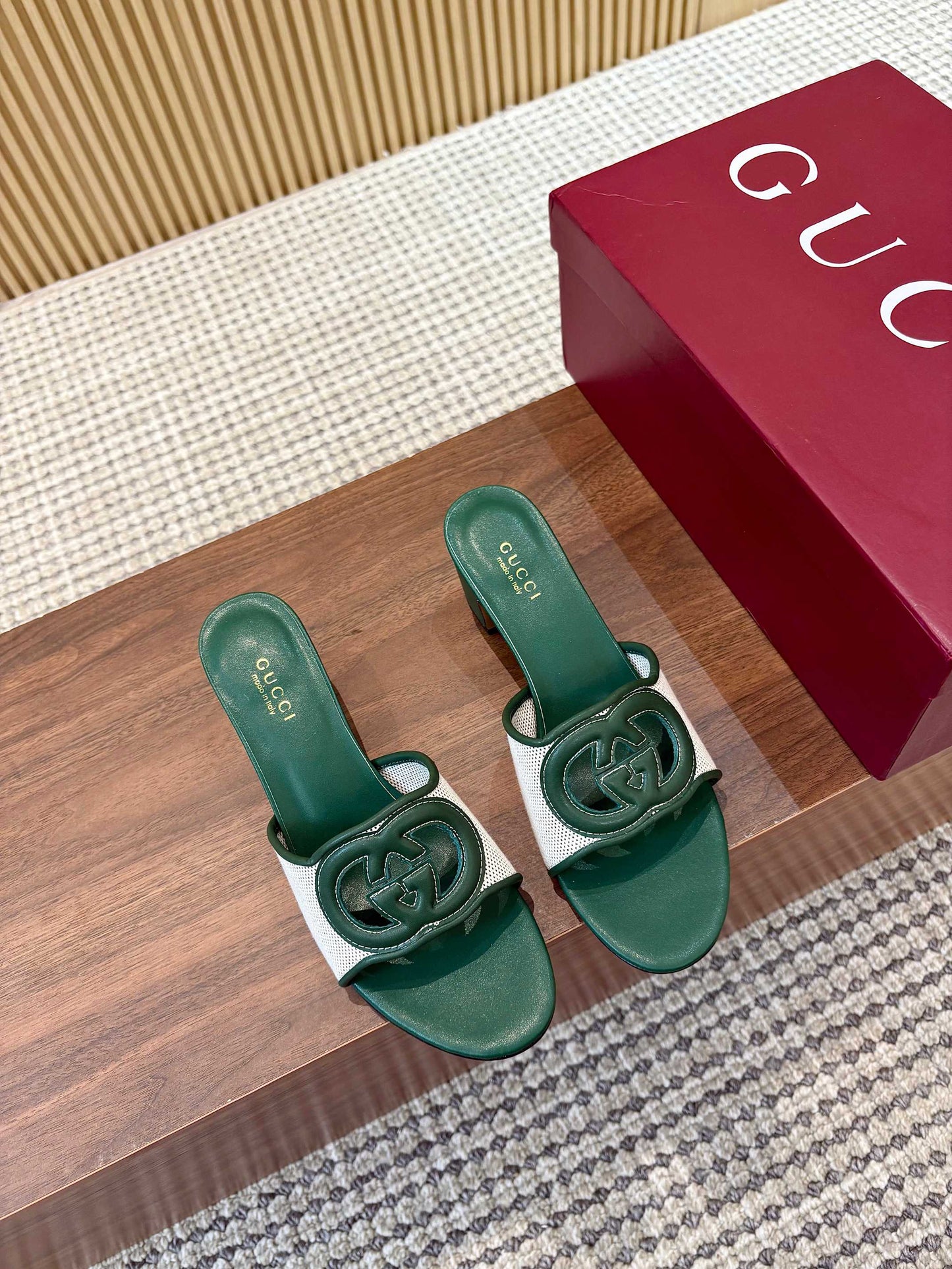 GG Interlocking G Cutout Sandals 5.5cm Teal Green Sheepskin Mesh 646496