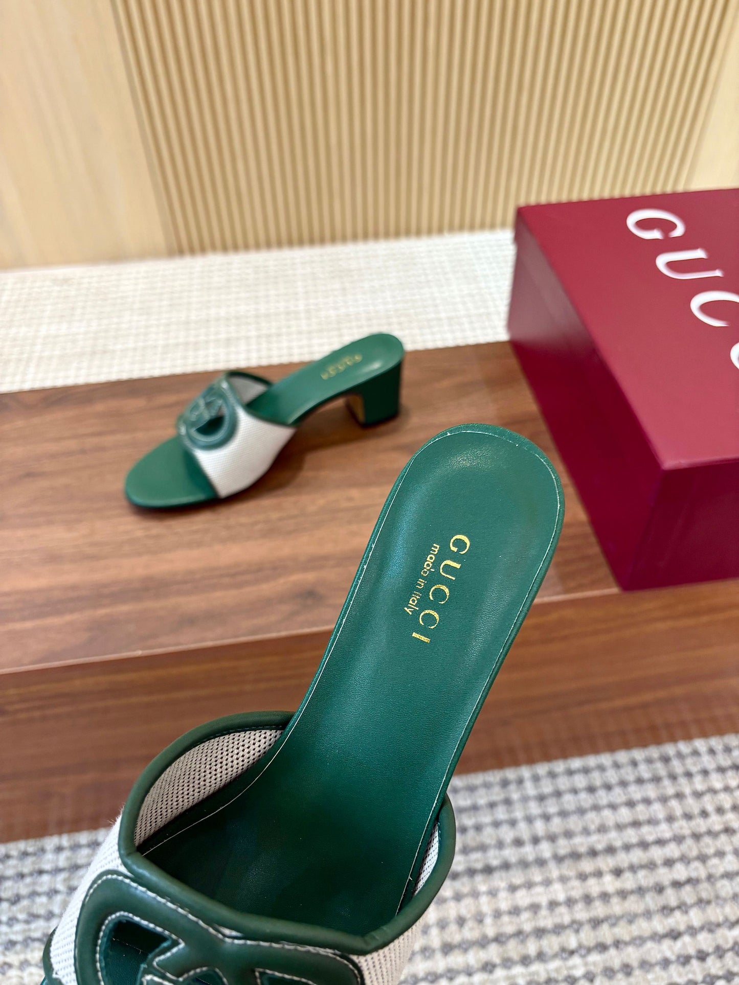 GG Interlocking G Cutout Sandals 5.5cm Teal Green Sheepskin Mesh 646496