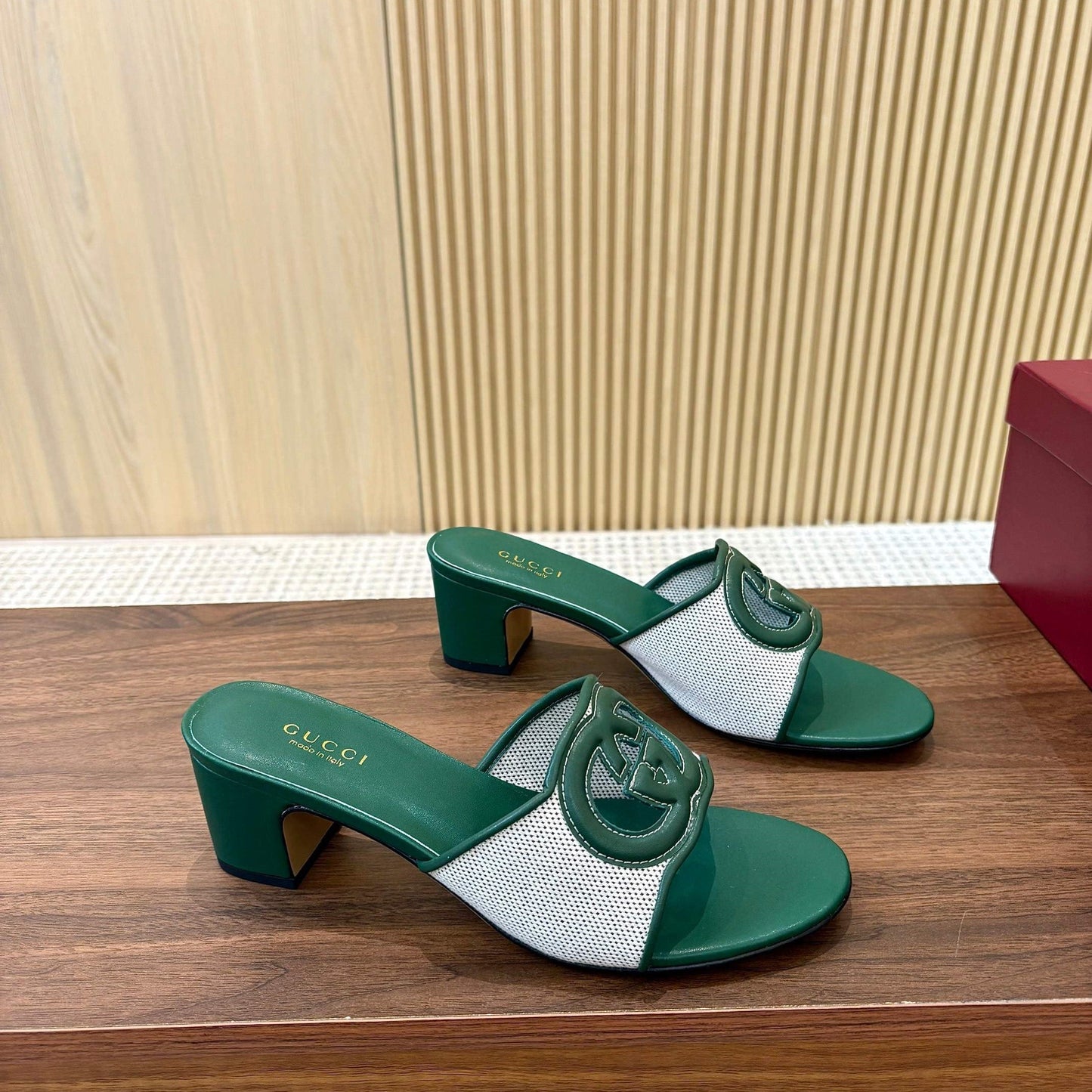 GG Interlocking G Cutout Sandals 5.5cm Teal Green Sheepskin Mesh 646496