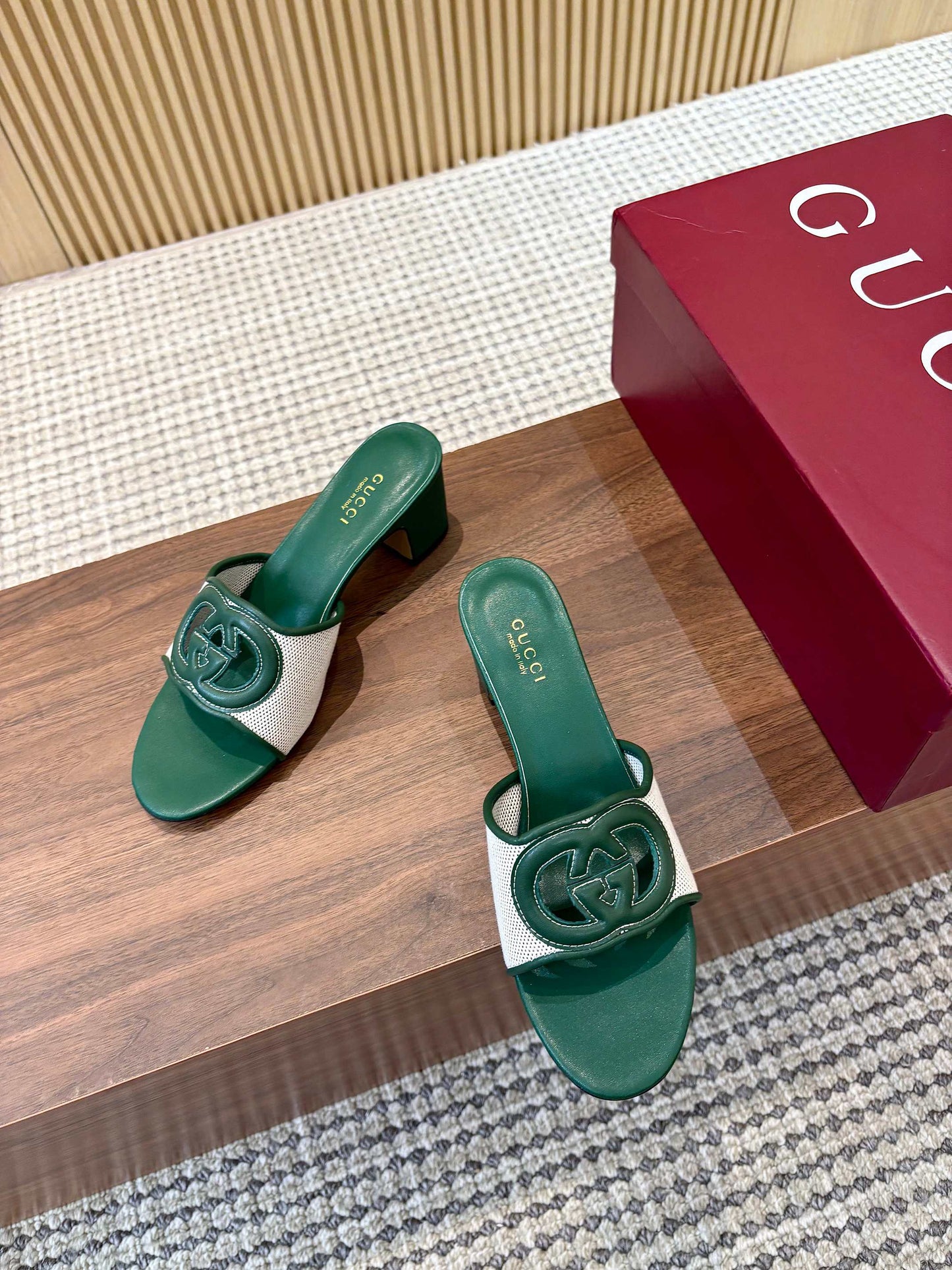 GG Interlocking G Cutout Sandals 5.5cm Teal Green Sheepskin Mesh 646496