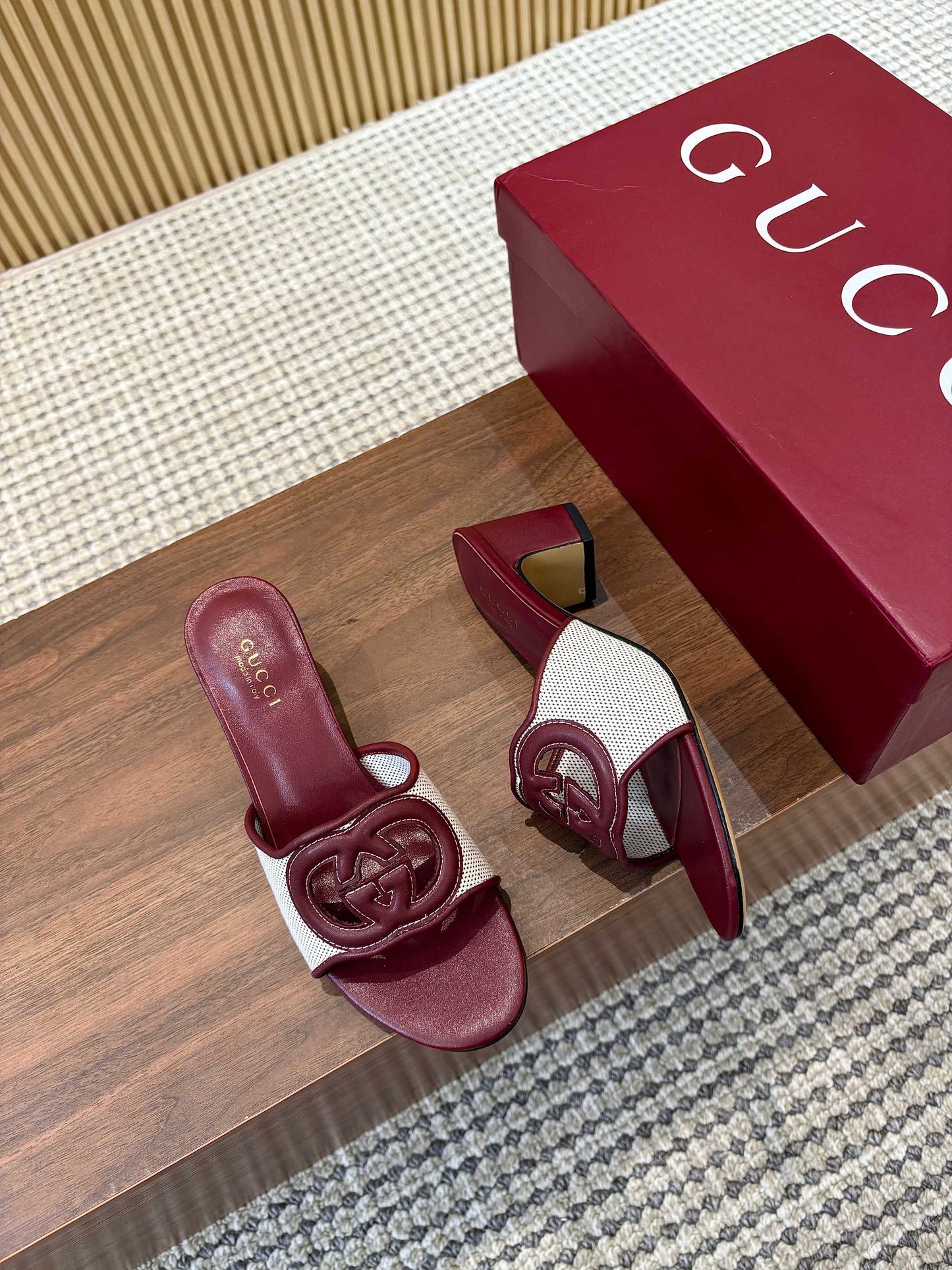 GG Interlocking G Cutout Sandals 5.5cm Burgundy Sheepskin Mesh 646495