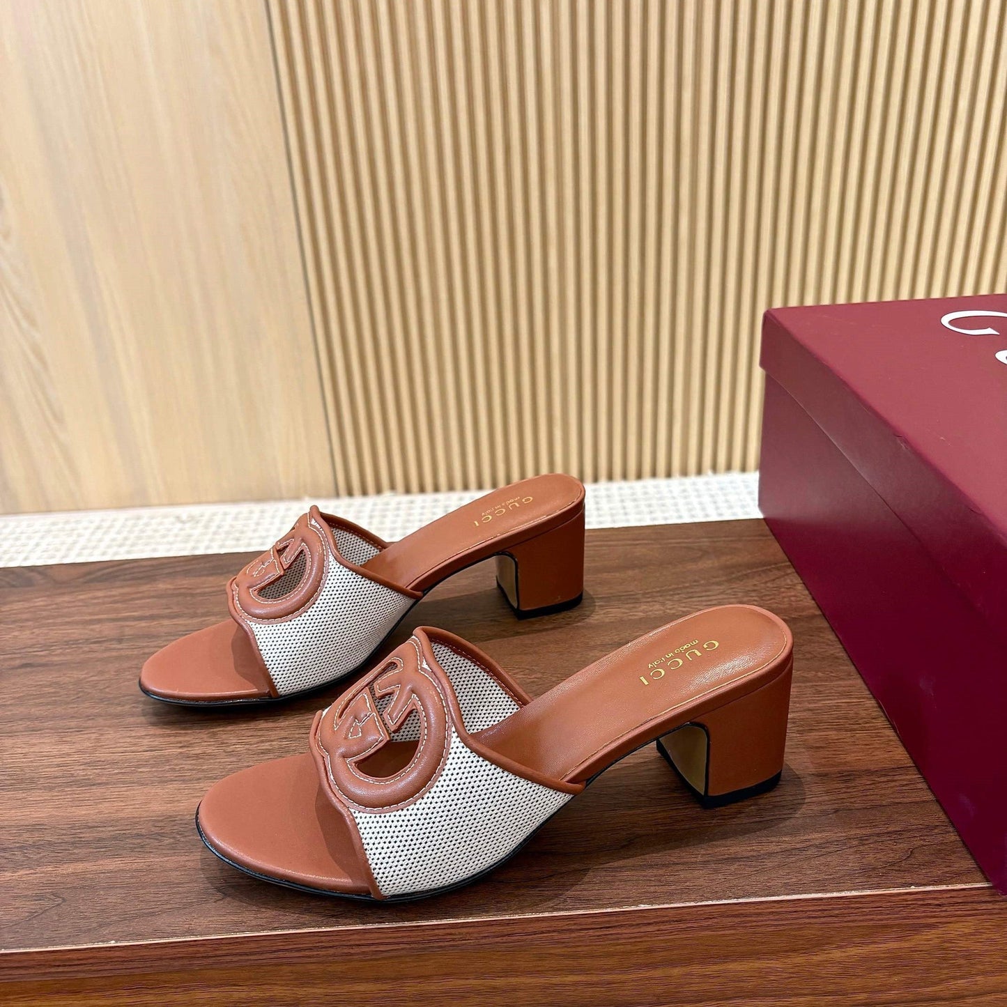 GG Interlocking G Cutout Sandals 5.5cm Brown Sheepskin Mesh 646494