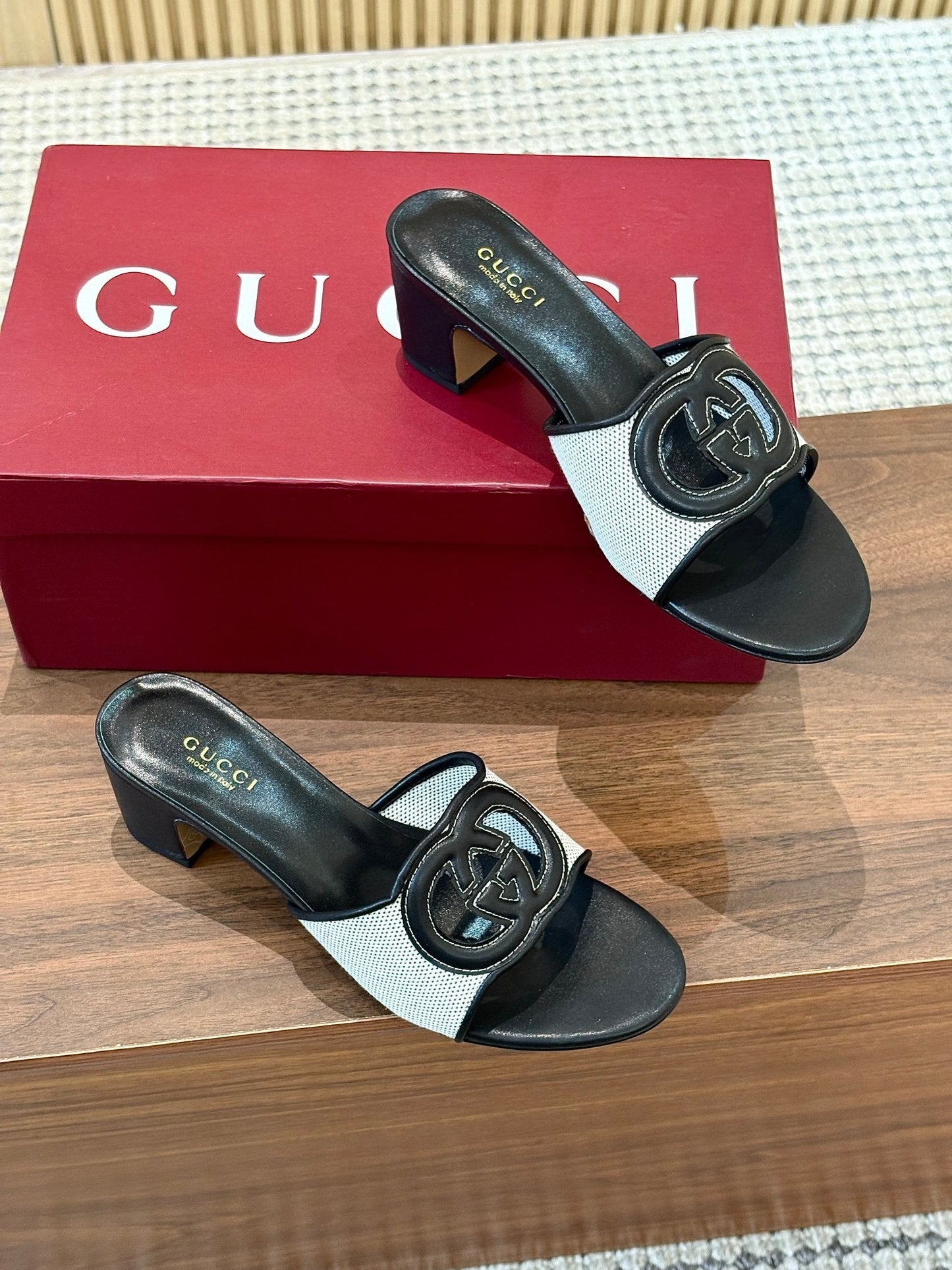 GG Interlocking G Cutout Sandals 5.5cm Black Sheepskin Mesh 646493