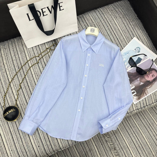 Loewe Embroidered Logo Collared Long-Sleeved Shirt Light Blue Cotton