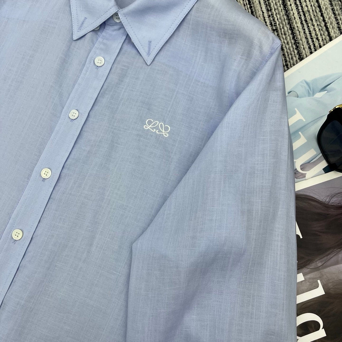 Loewe Embroidered Logo Collared Long-Sleeved Shirt Light Blue Cotton