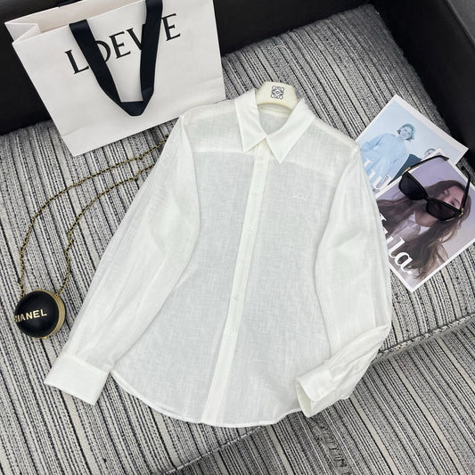 Loewe Embroidered Logo Collared Long-Sleeved Shirt White Cotton