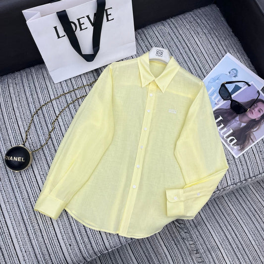 Loewe Embroidered Logo Collared Long-Sleeved Shirt Light Yellow Cotton