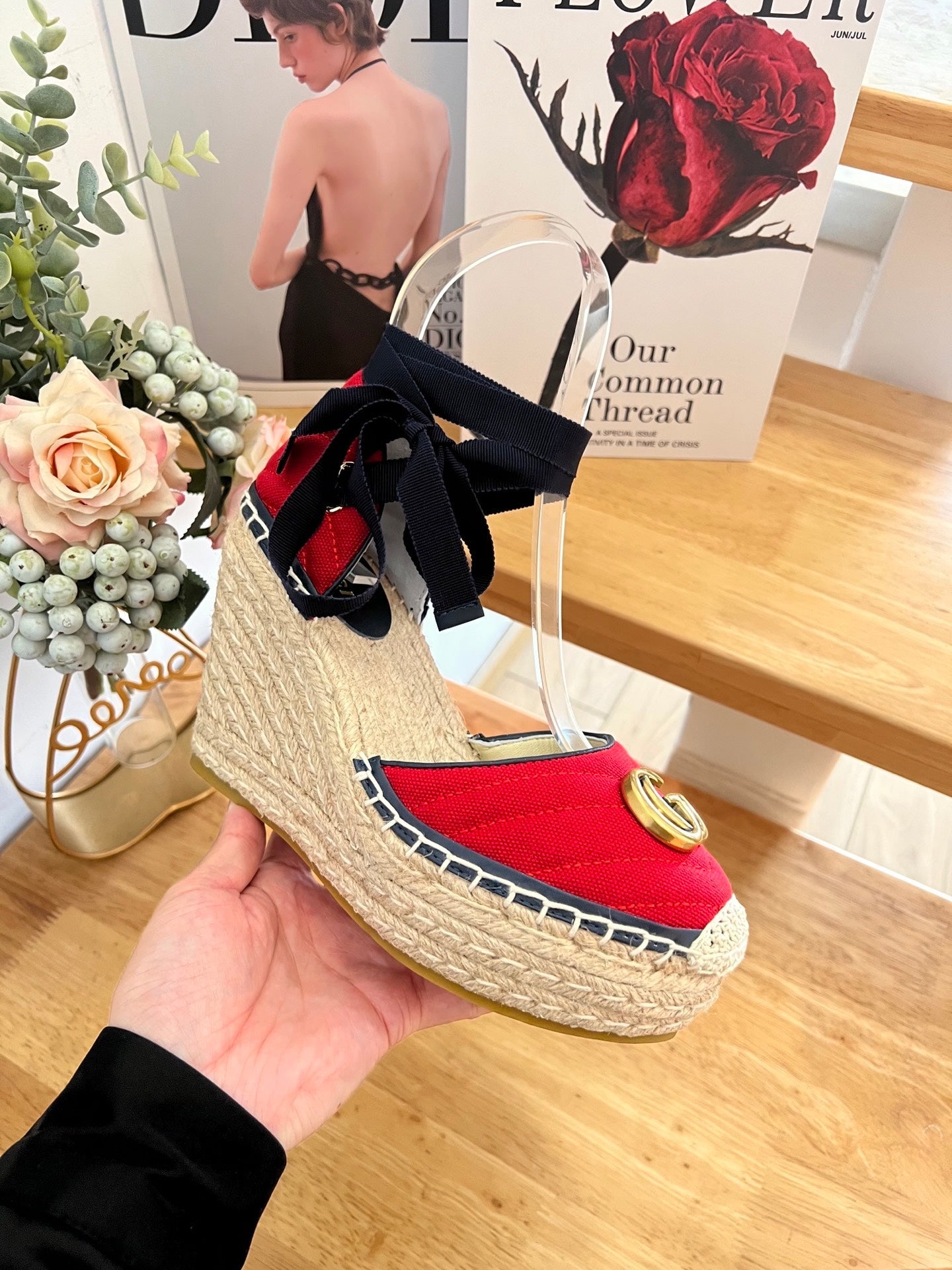 GG 26ss Platform Wedge Sandals 10cm Red Straw Canvas 692206