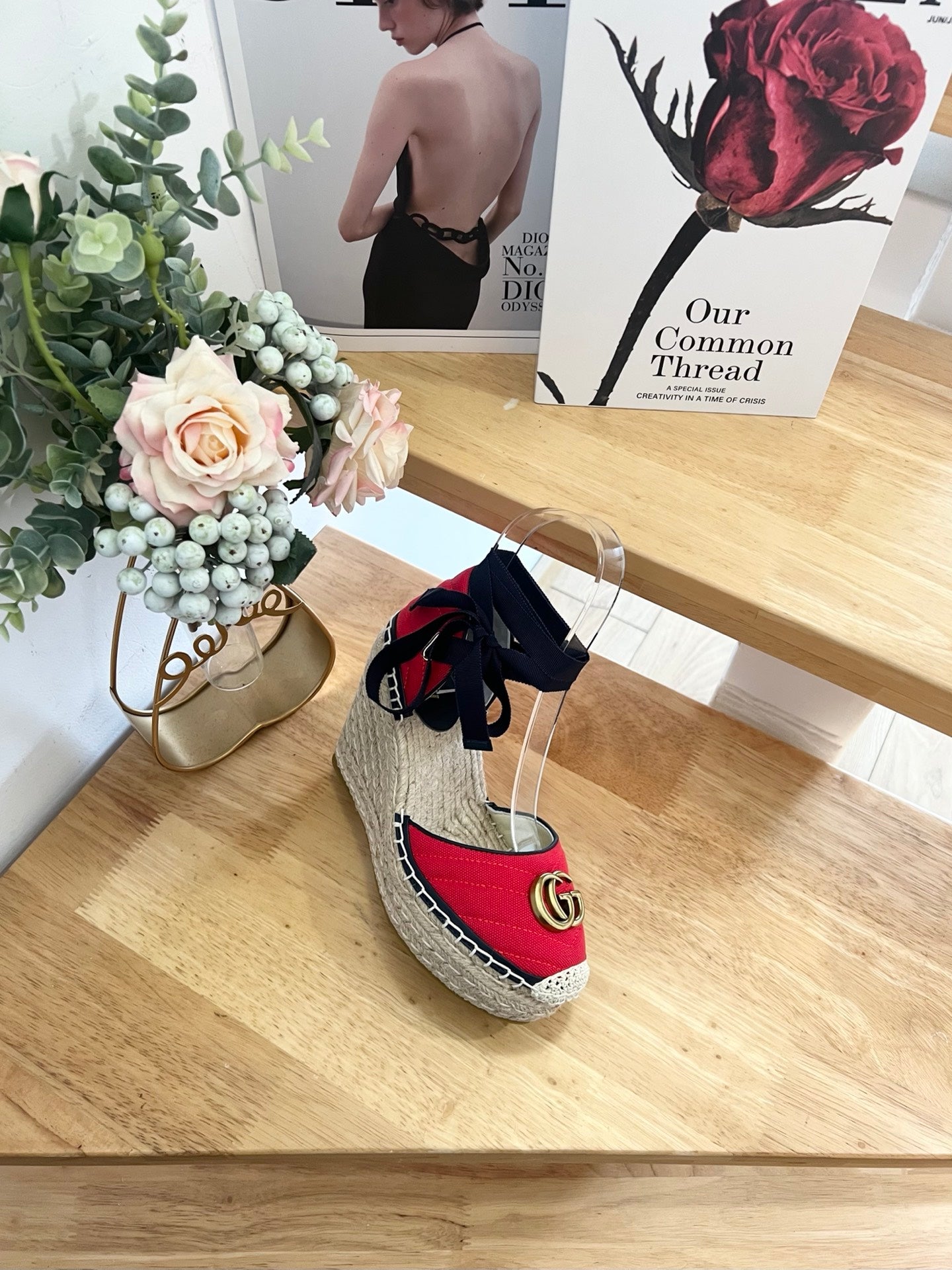GG 26ss Platform Wedge Sandals 10cm Red Straw Canvas 692206