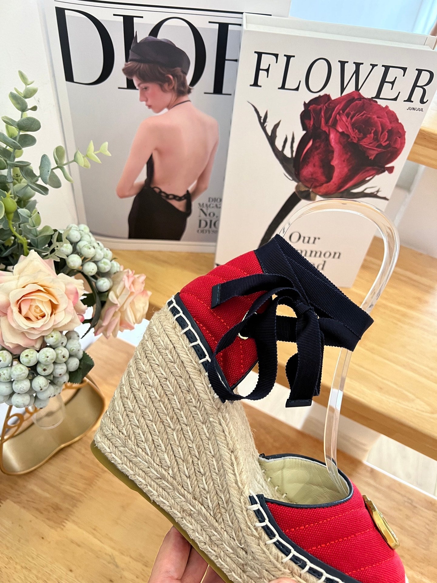 GG 26ss Platform Wedge Sandals 10cm Red Straw Canvas 692206