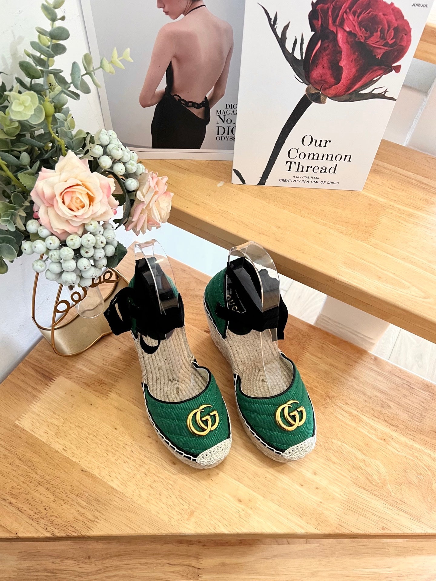 GG 26ss Platform Wedge Sandals 10cm Green Straw Canvas 692207