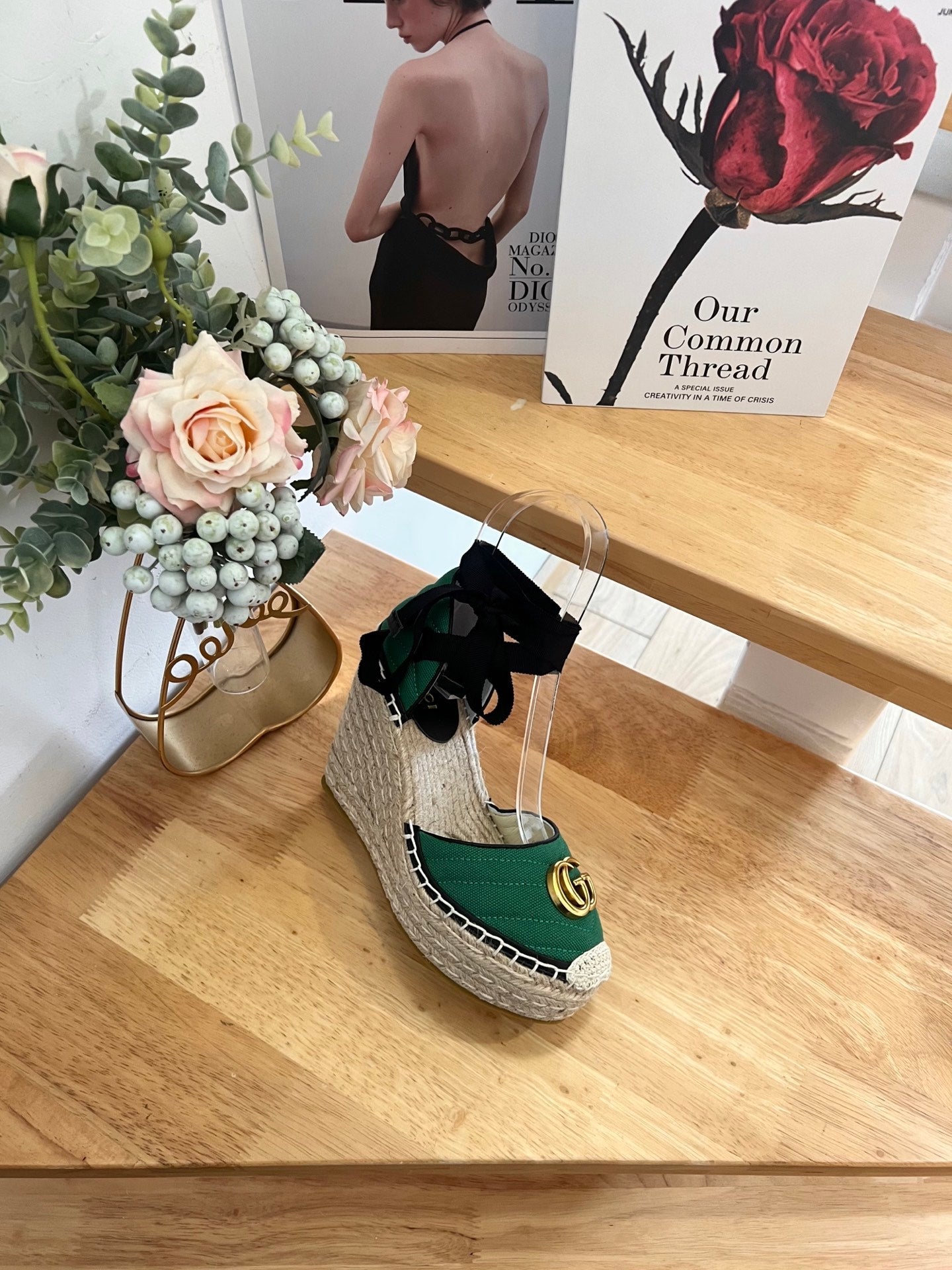 GG 26ss Platform Wedge Sandals 10cm Green Straw Canvas 692207