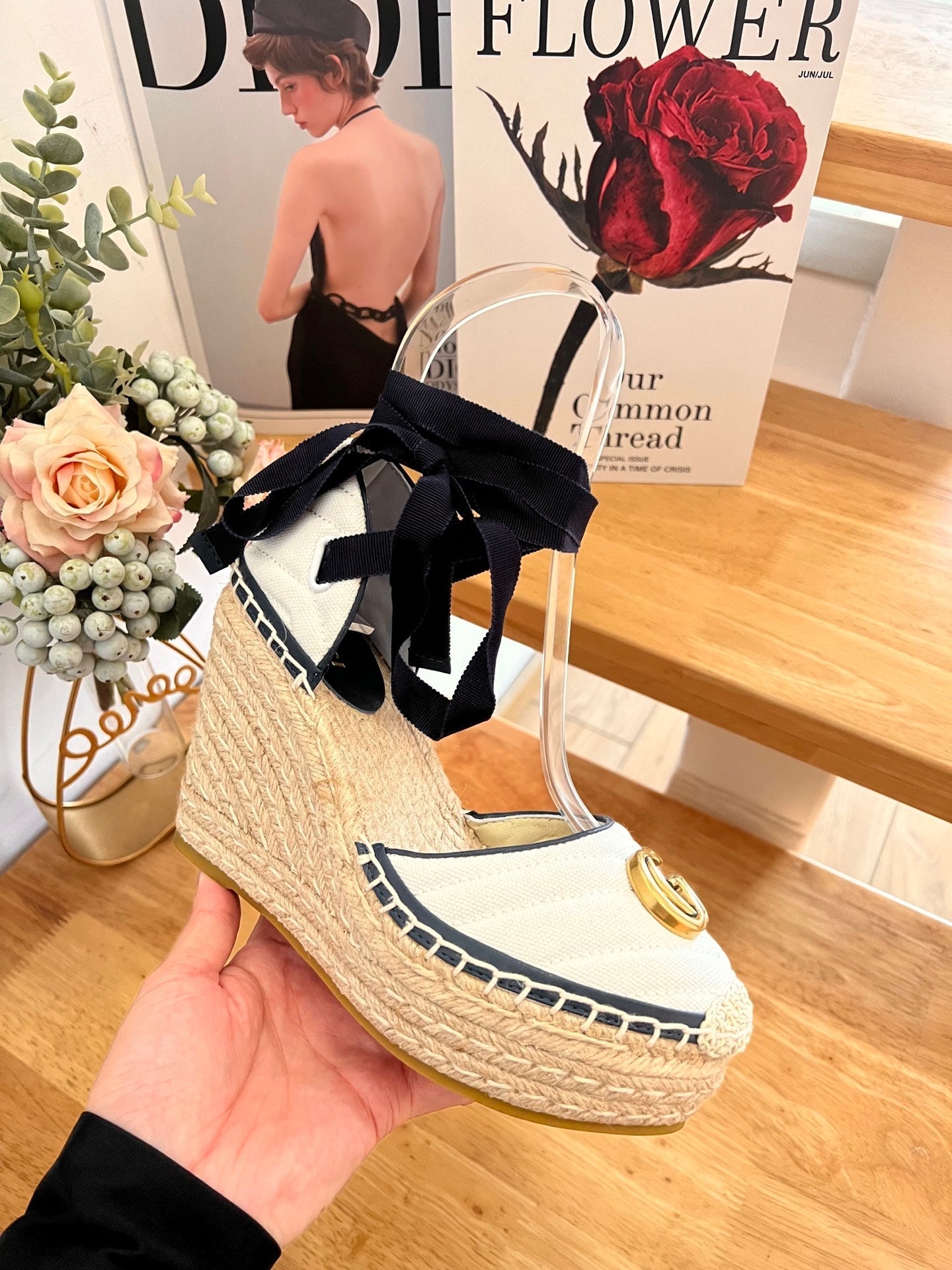 GG 26ss Platform Wedge Sandals 10cm White Straw Canvas 692208