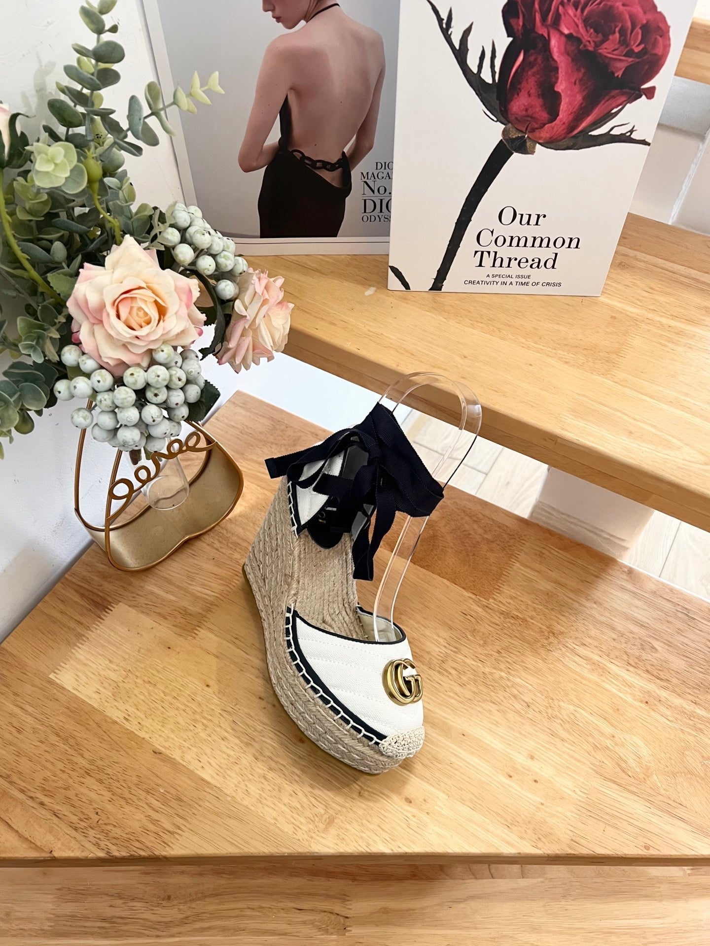 GG 26ss Platform Wedge Sandals 10cm White Straw Canvas 692208