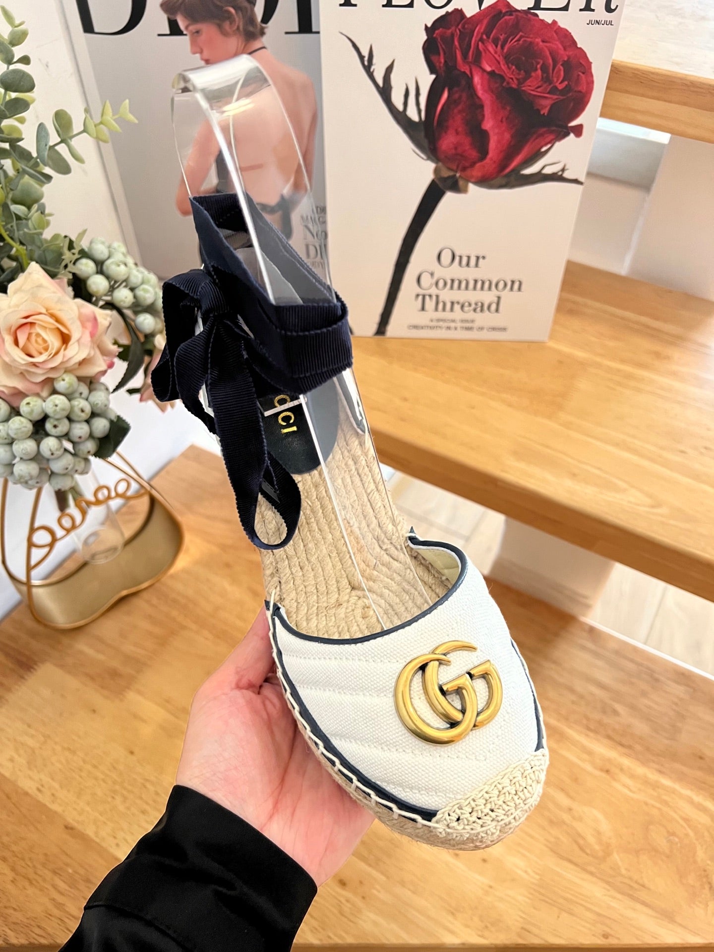 GG 26ss Platform Wedge Sandals 10cm White Straw Canvas 692208