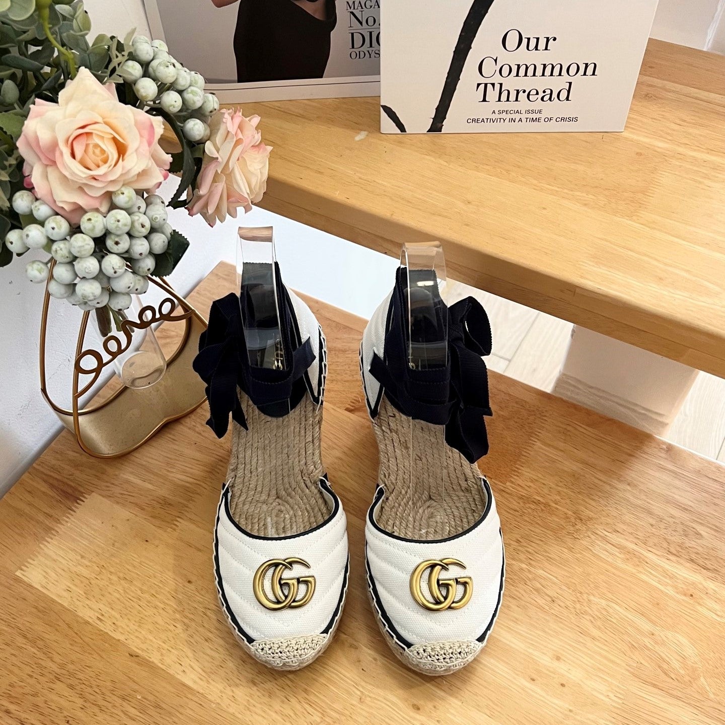 GG 26ss Platform Wedge Sandals 10cm White Straw Canvas 692208