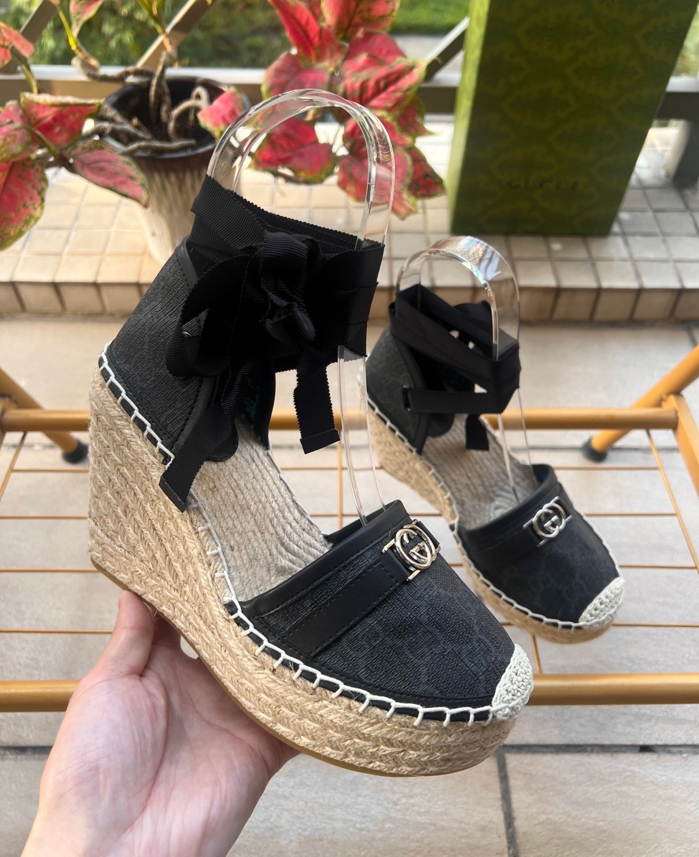 GG 26ss Platform Wedge Sandals 10cm Black Straw Canvas 692209