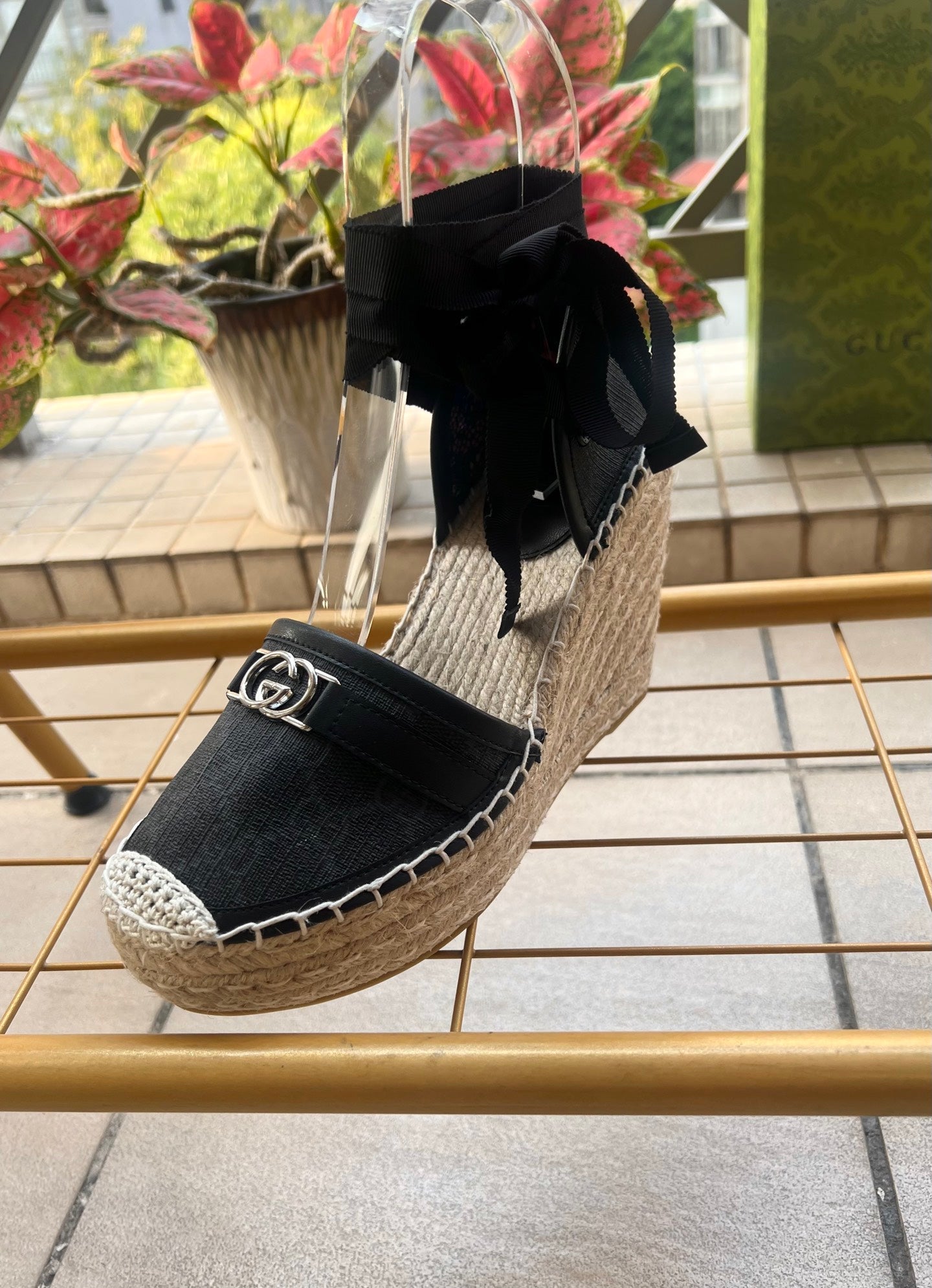 GG 26ss Platform Wedge Sandals 10cm Black Straw Canvas 692209