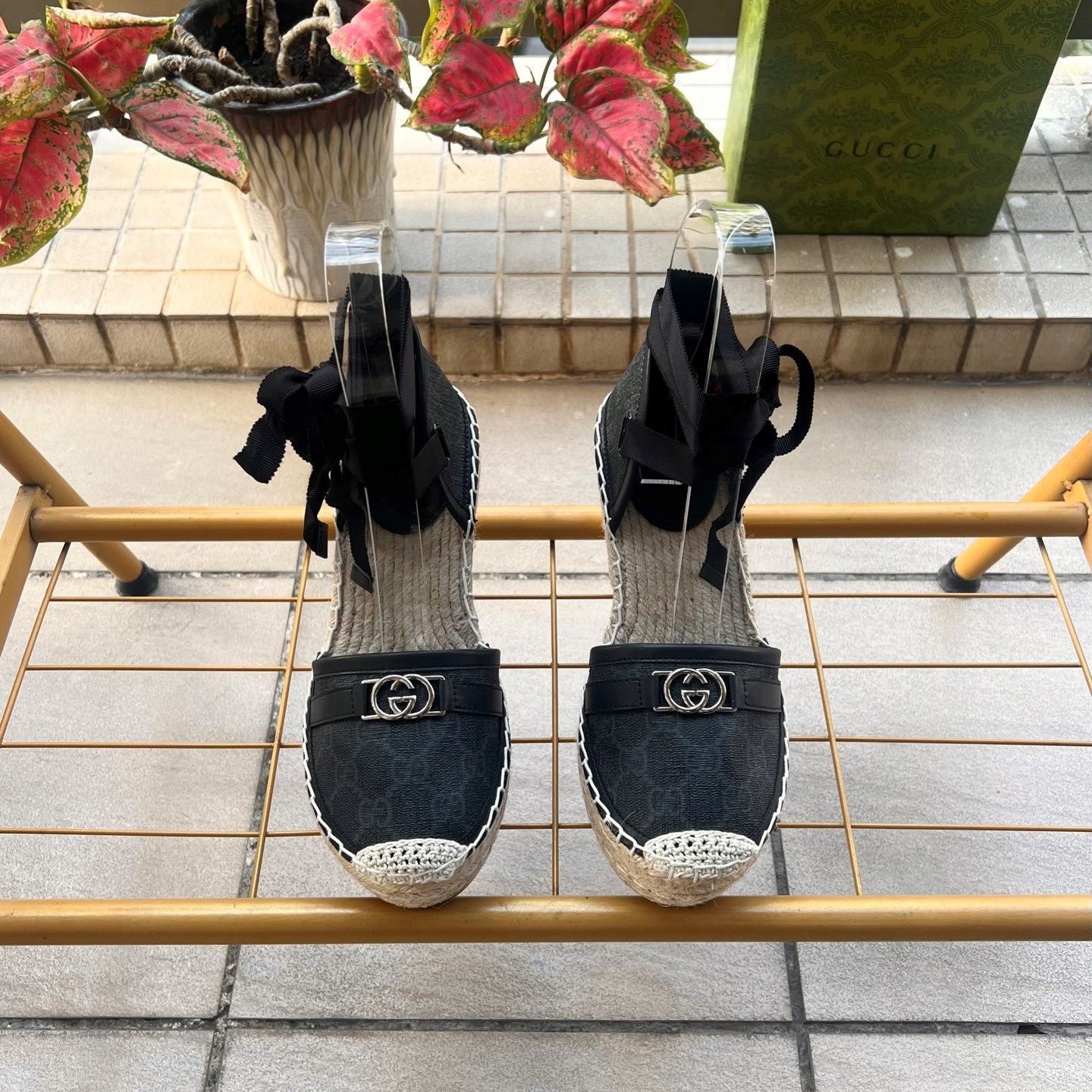 GG 26ss Platform Wedge Sandals 10cm Black Straw Canvas 692209