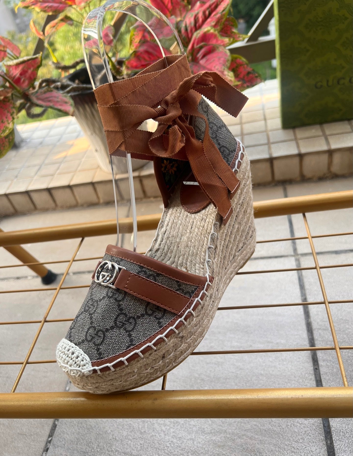 GG 26ss Platform Wedge Sandals 10cm Coffee Brown Straw Canvas 692210