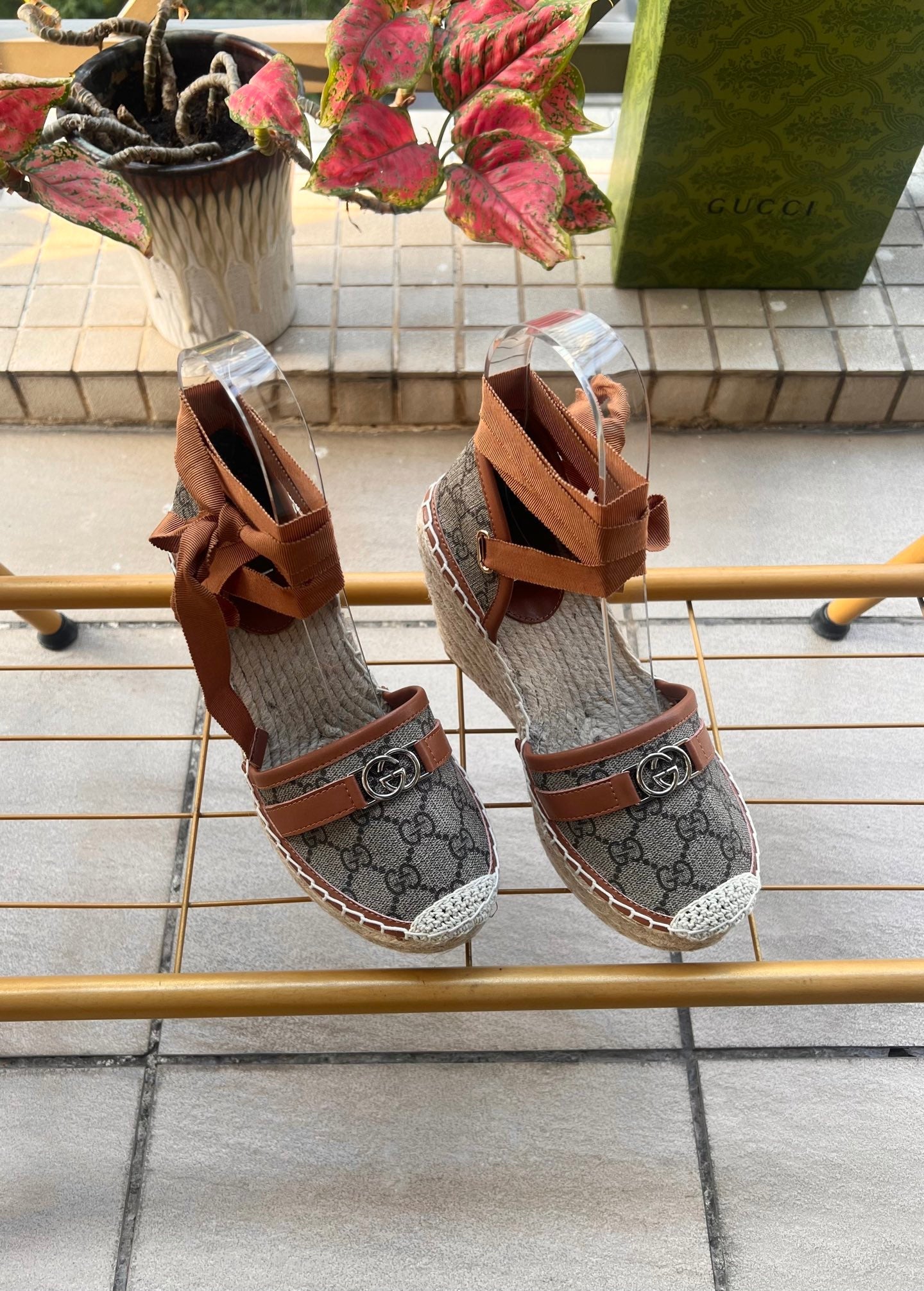 GG 26ss Platform Wedge Sandals 10cm Coffee Brown Straw Canvas 692210