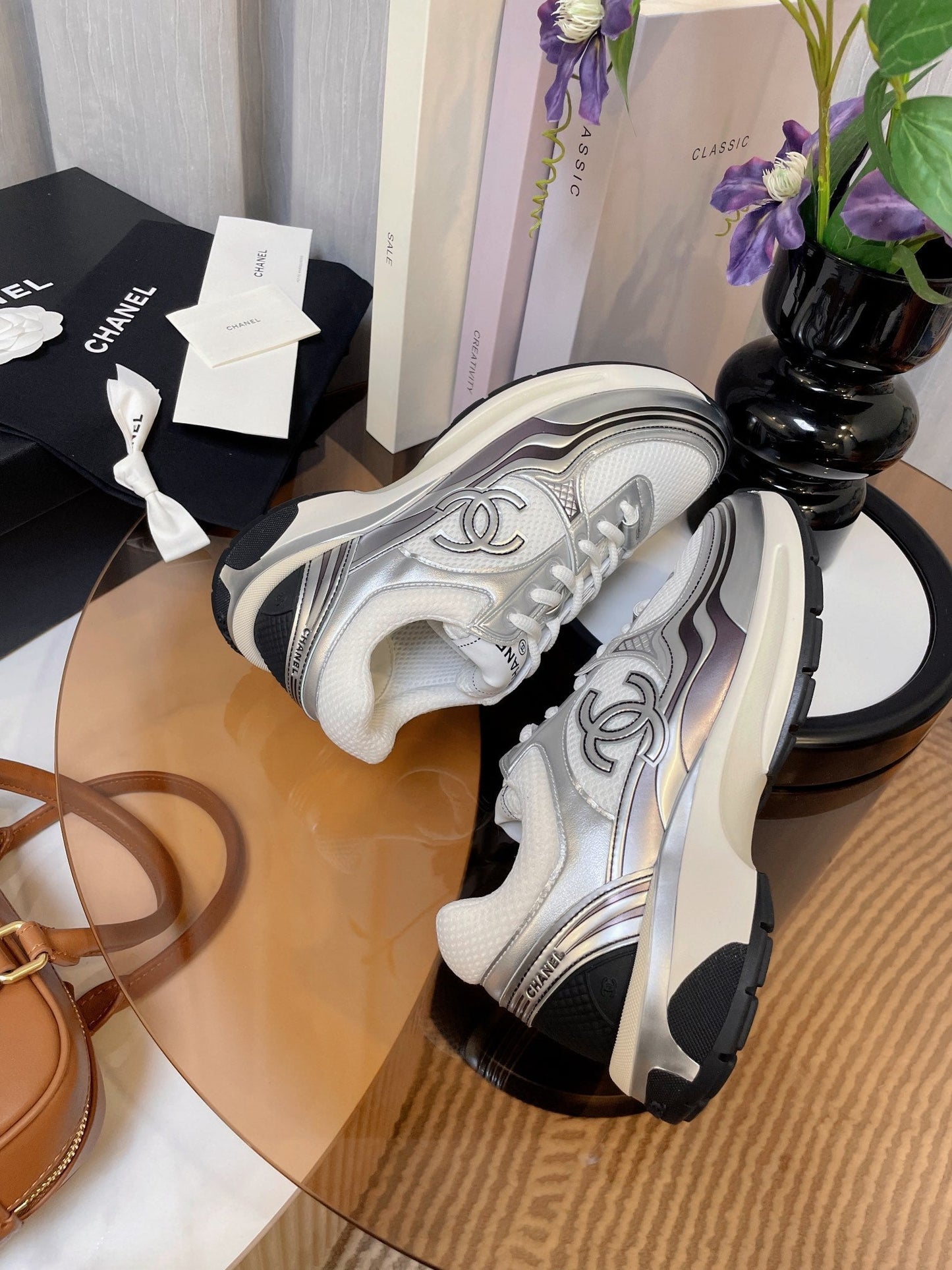 cc classic sneaker white fabric silver metalic calfskin