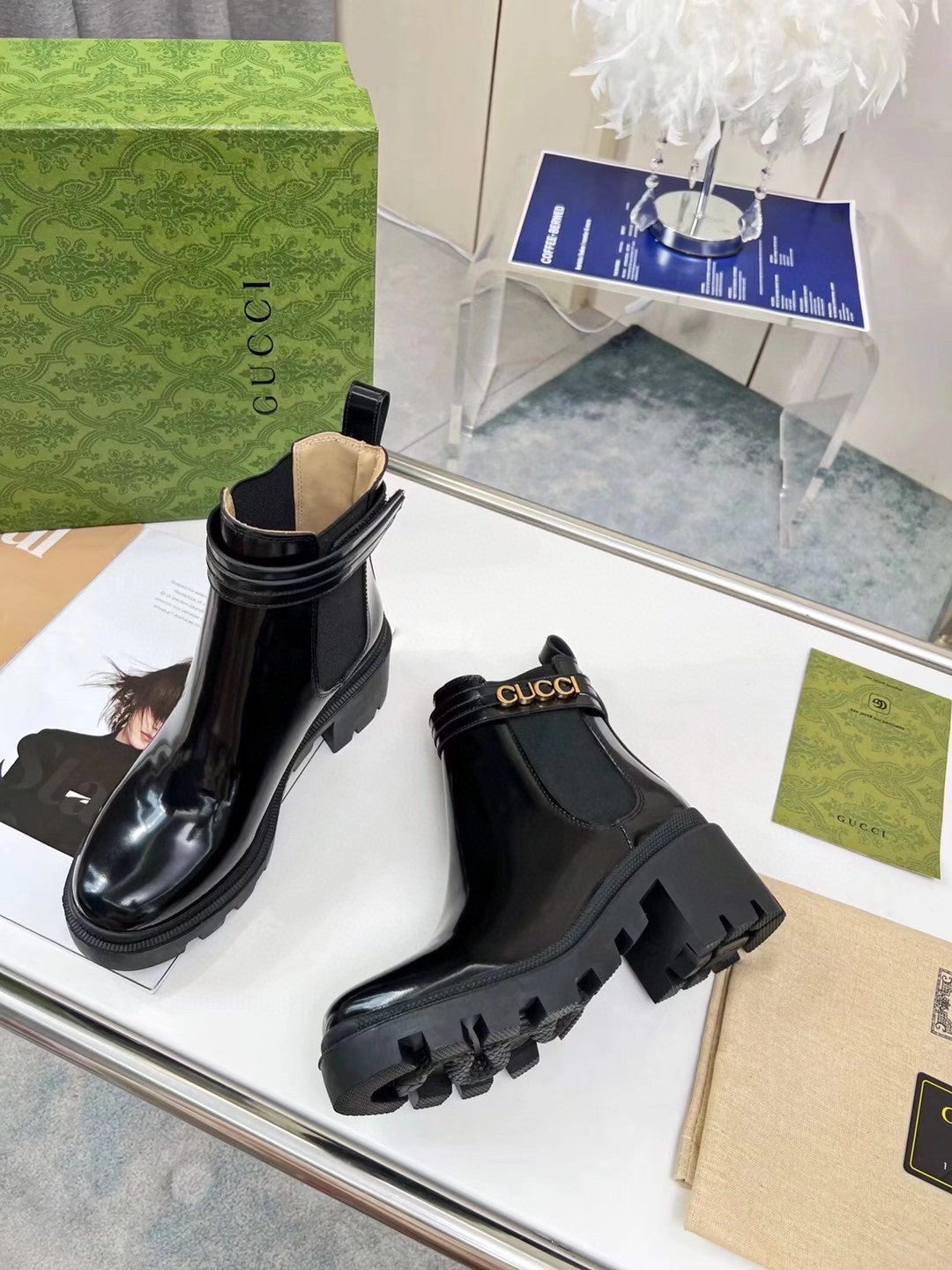 GG ankle boots black patent leather gold buckle