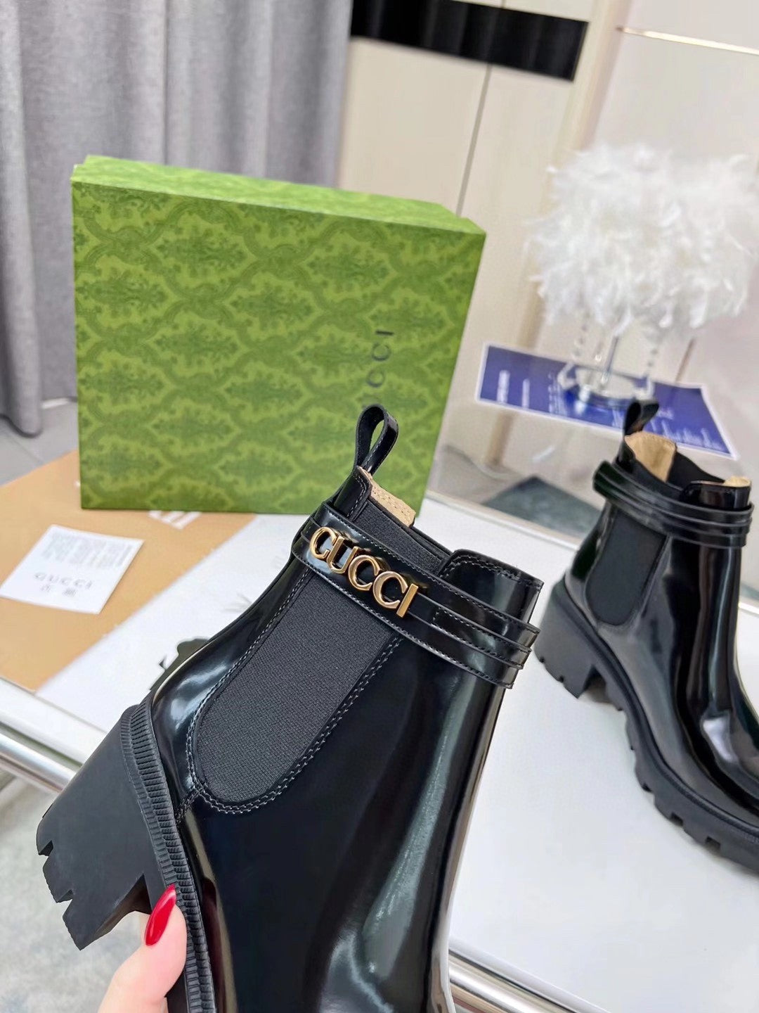 GG ankle boots black patent leather gold buckle