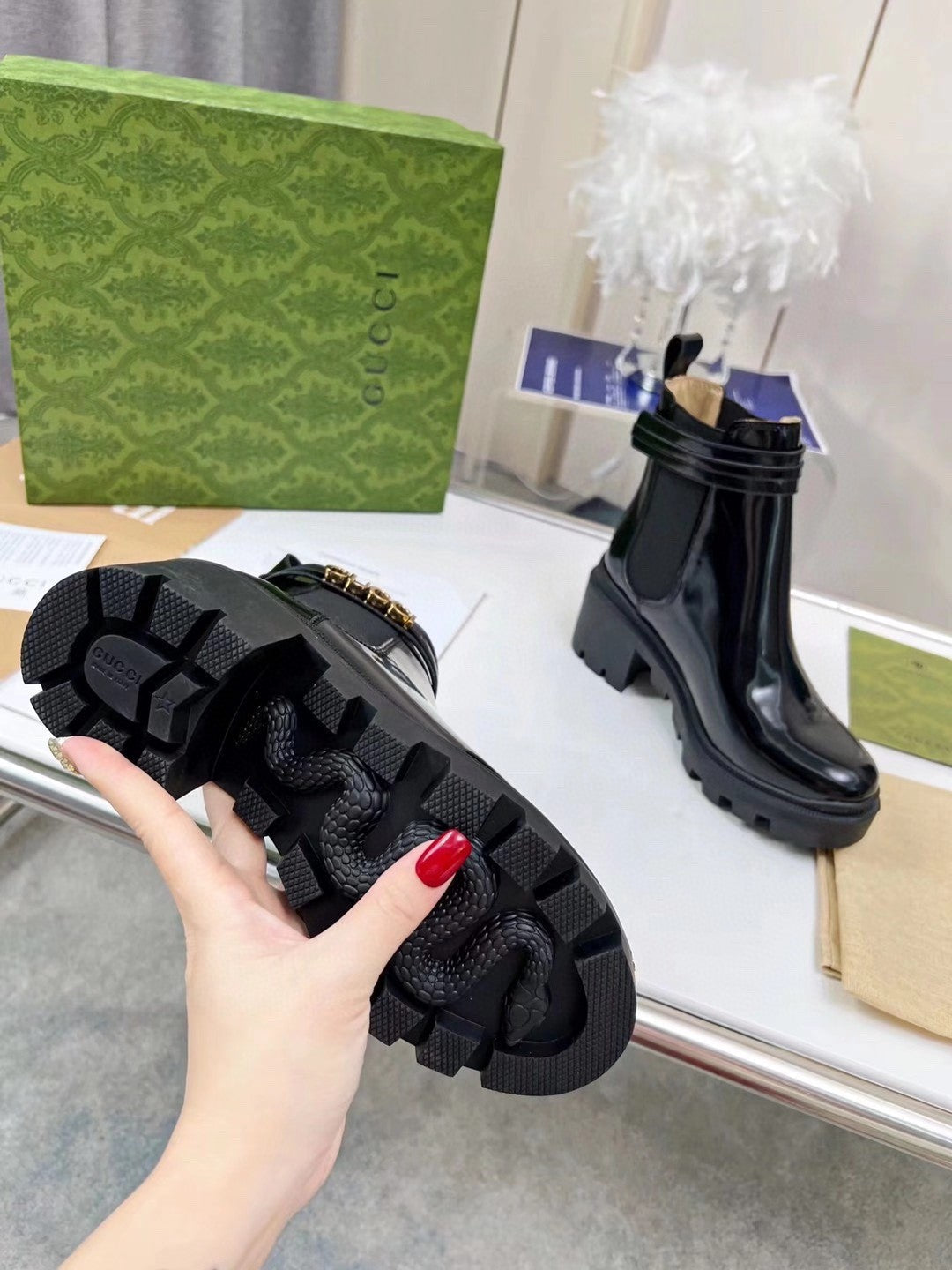 GG ankle boots black patent leather gold buckle