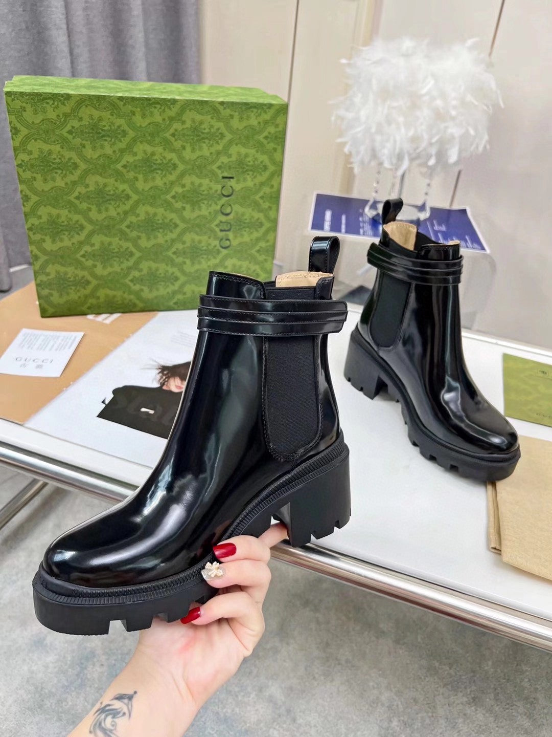 GG ankle boots black patent leather gold buckle