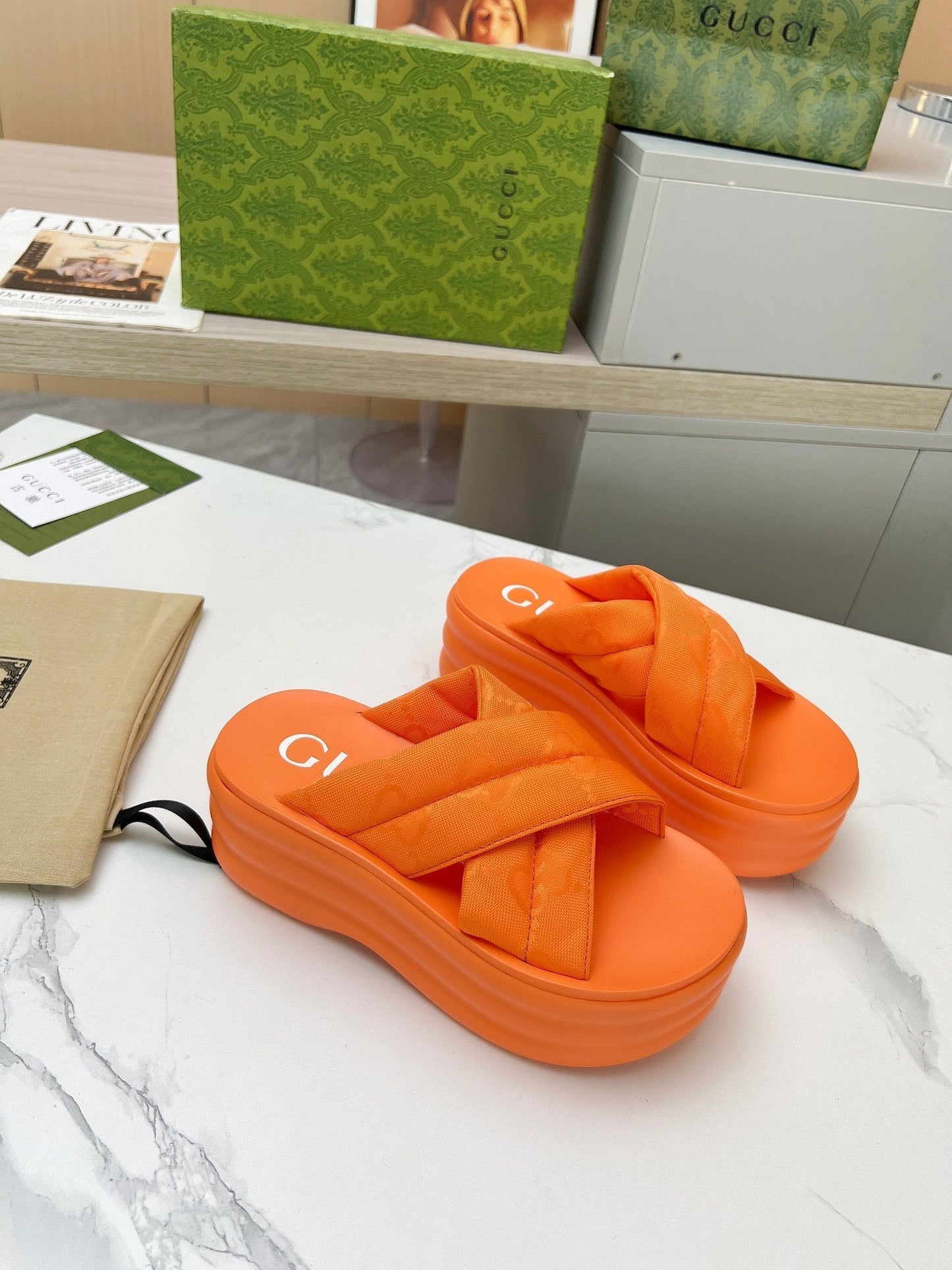 GG waterproof platform slippers orange fabric