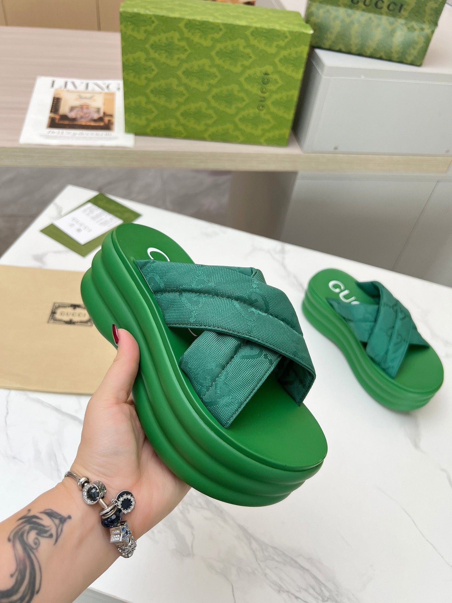 GG waterproof platform slippers green fabric